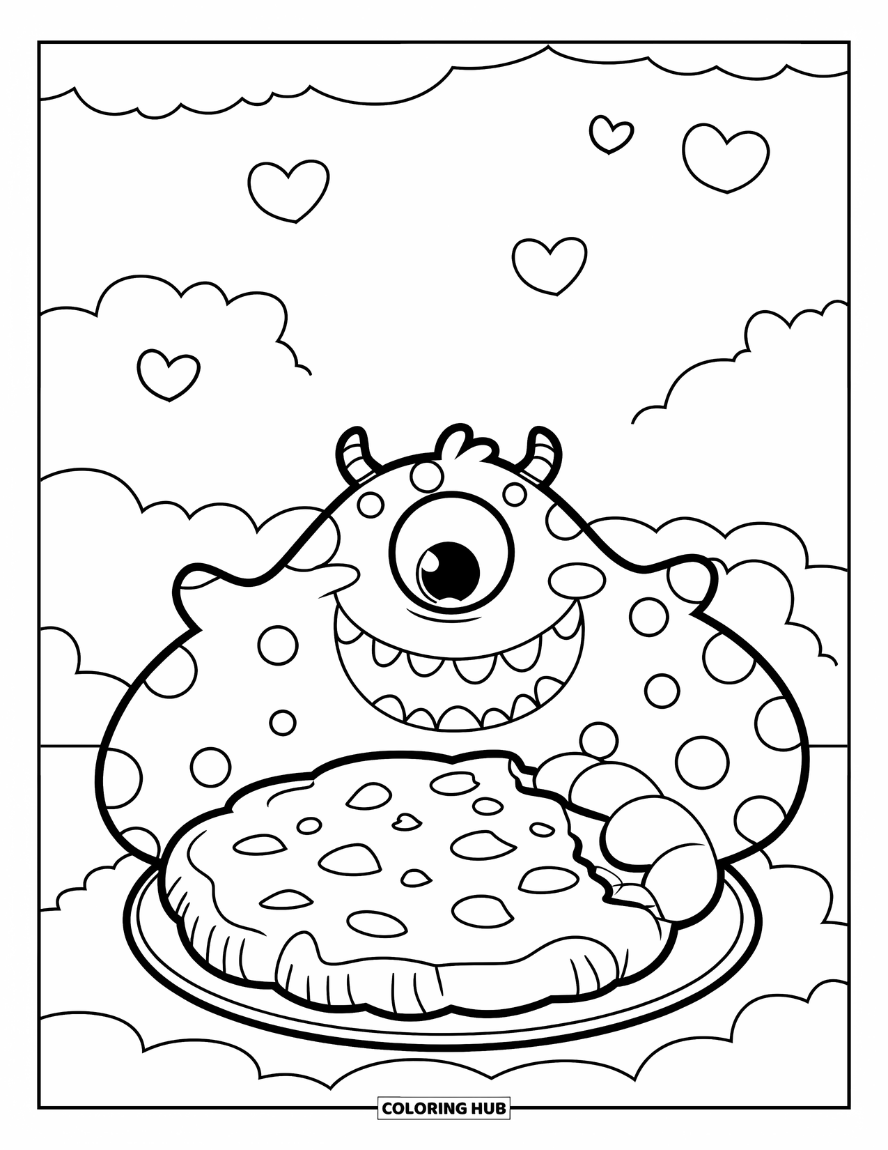 Dibujo de monstruo para colorear para niños: Un monstruo sonriente con manchas disfruta de una galleta grande en una nube con corazones flotantes