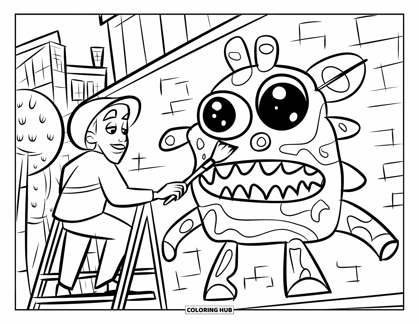 Dibujo de monstruo para colorear para niños: Un artista callejero crea grafitis de monstruos cerca de edificios de la ciudad y árboles frondosos