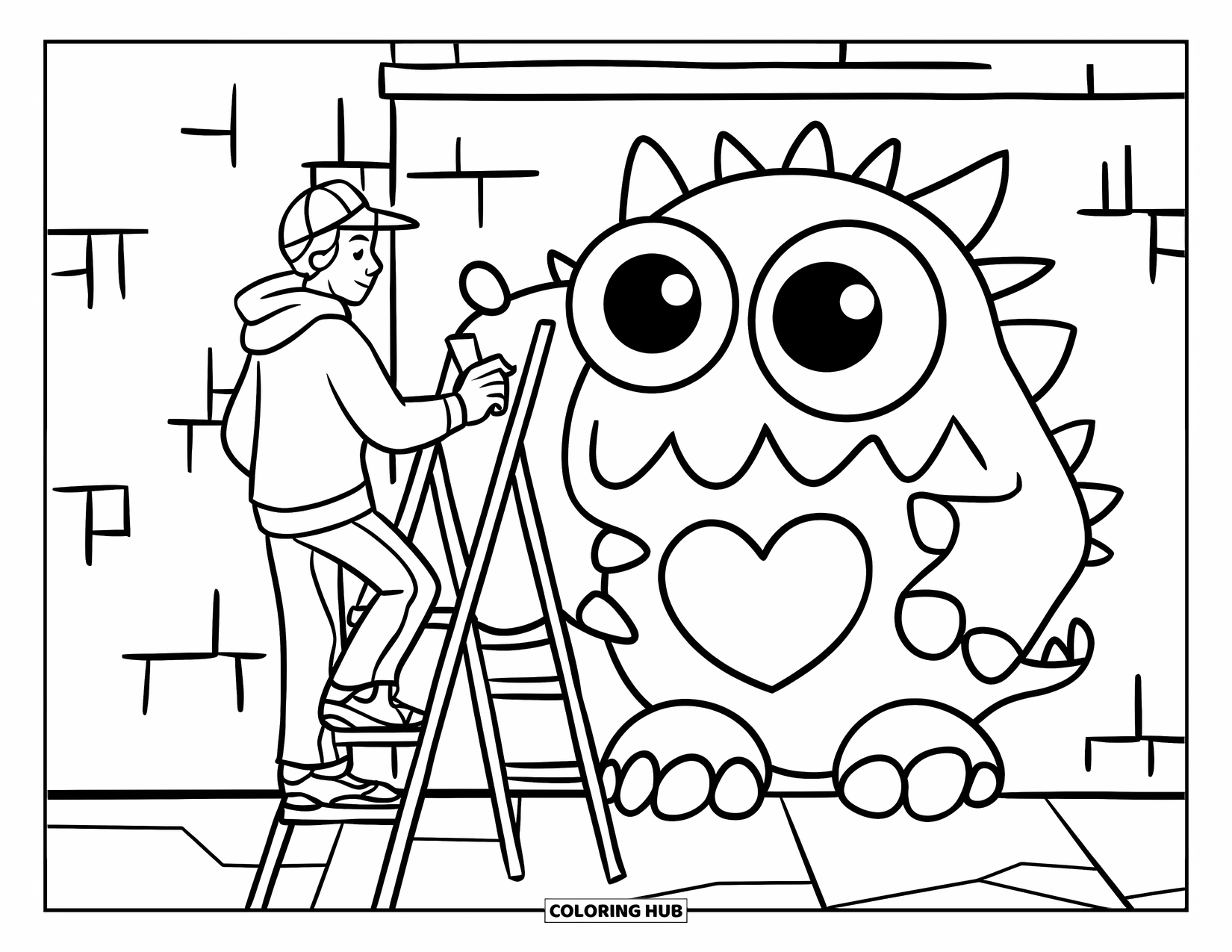 Dibujo de monstruo para colorear para niños: Un artista callejero pinta un monstruo con forma de corazón en una pared de ladrillos agrietada
