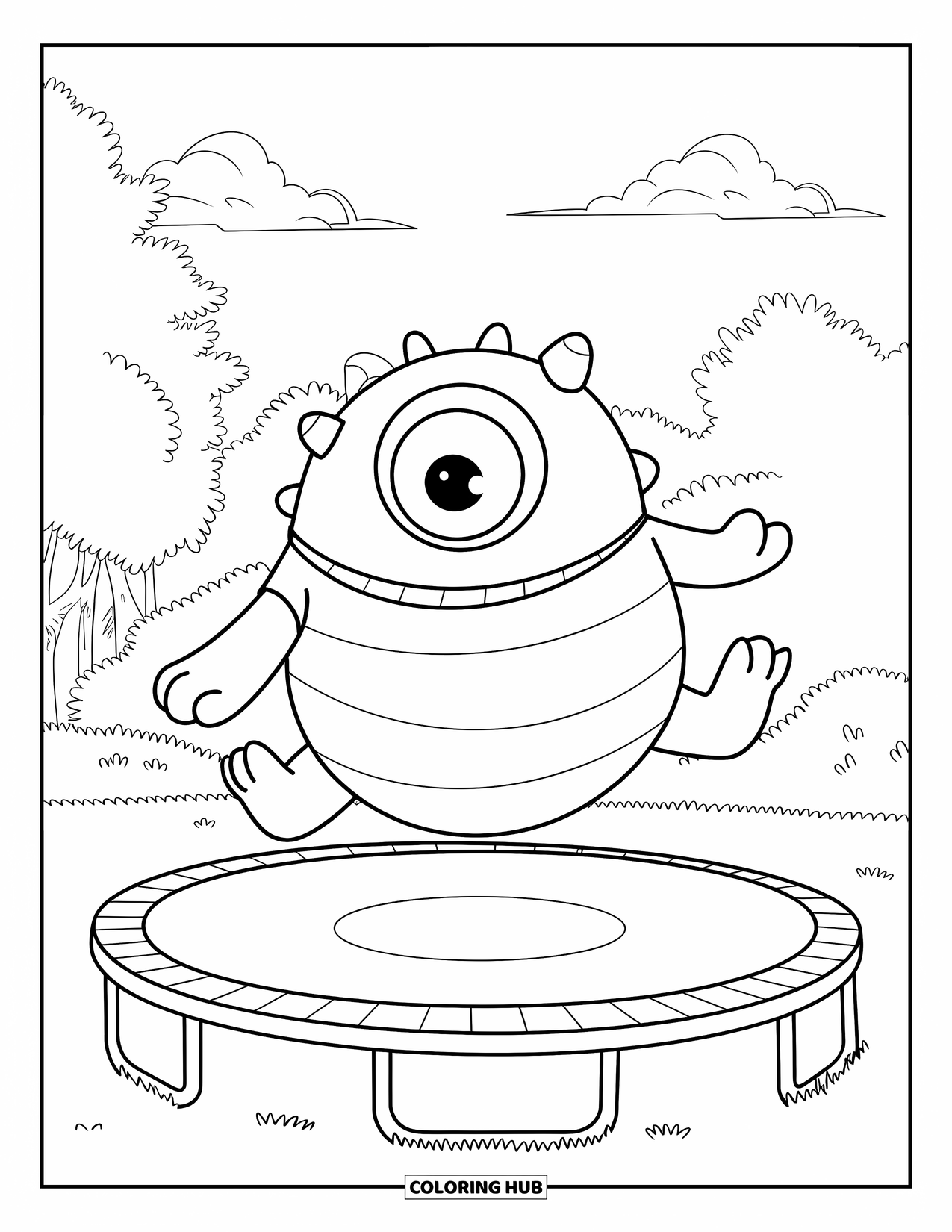 Dibujo de monstruo para colorear para niños: Un monstruo con una camiseta de rayas rebota alegremente en una cama elástica bajo un cielo brillante