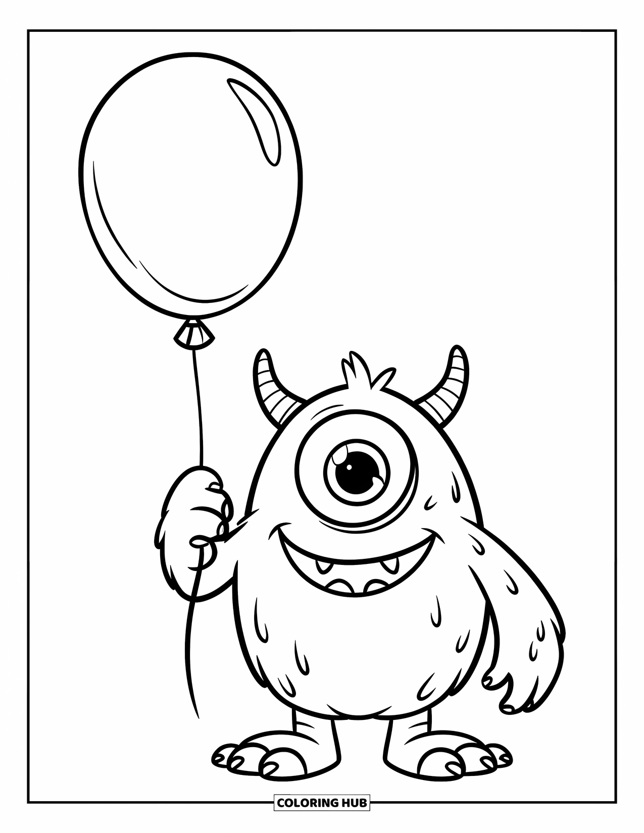 Dibujo de monstruo para colorear para niños: Un pequeño monstruo con un ojo grande sostiene un globo felizmente