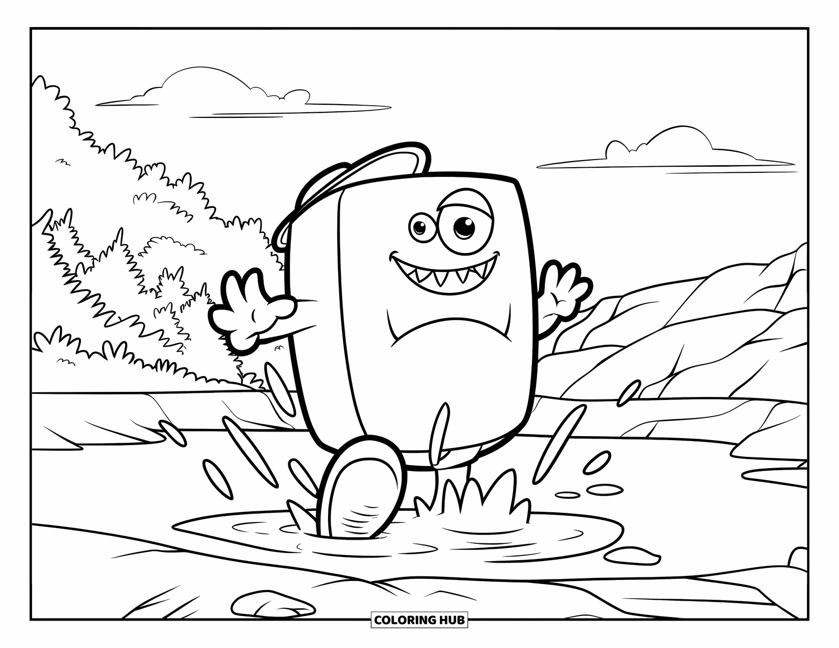 Dibujo de monstruo para colorear para niños: Un monstruo con una amplia sonrisa pisa charcos cerca de rocas y árboles