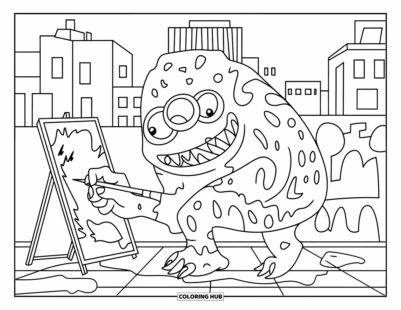 Dibujo de monstruo para colorear para niños: Un monstruo de ojos salvajes pinta grafitis en un callejón de la ciudad lleno de edificios altos