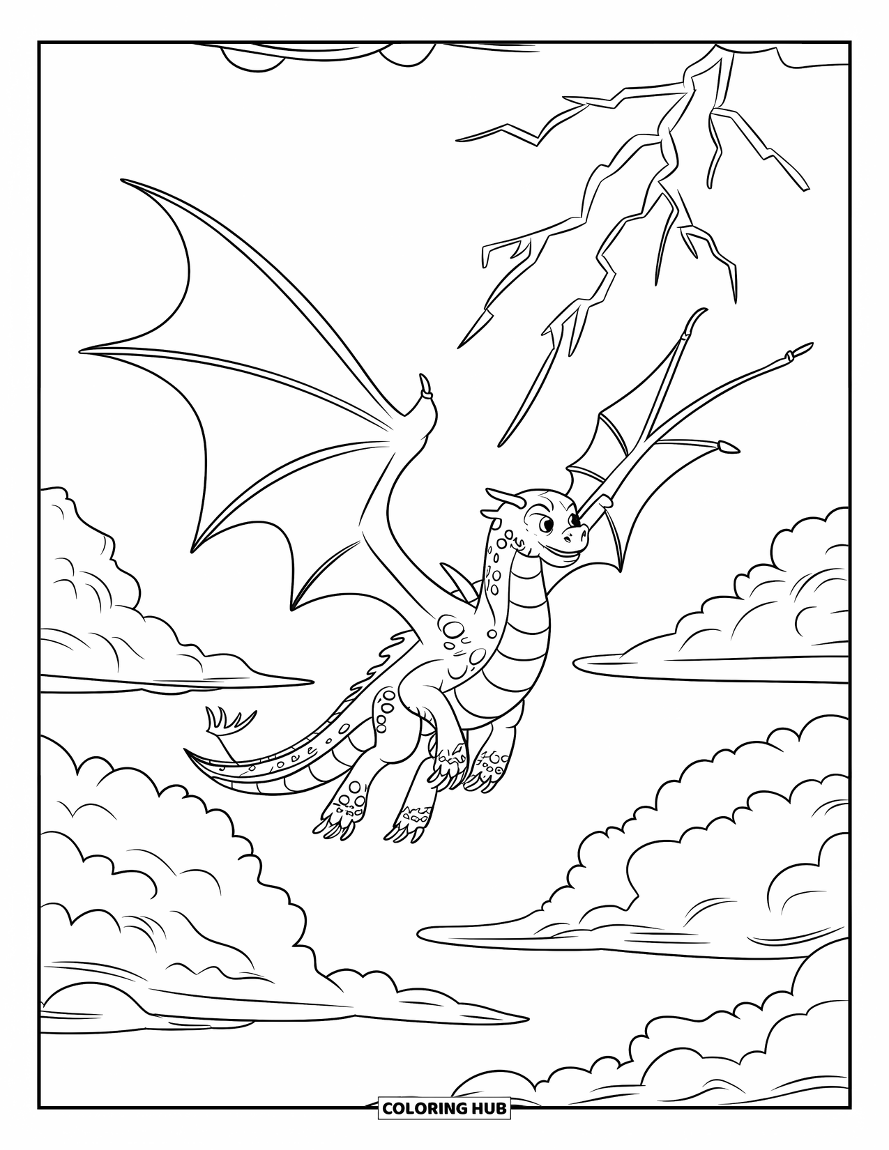 Dibujo de monstruo para colorear para niños: Un monstruo alado vuela a través de cielos llenos de relámpagos durante una feroz tormenta eléctrica