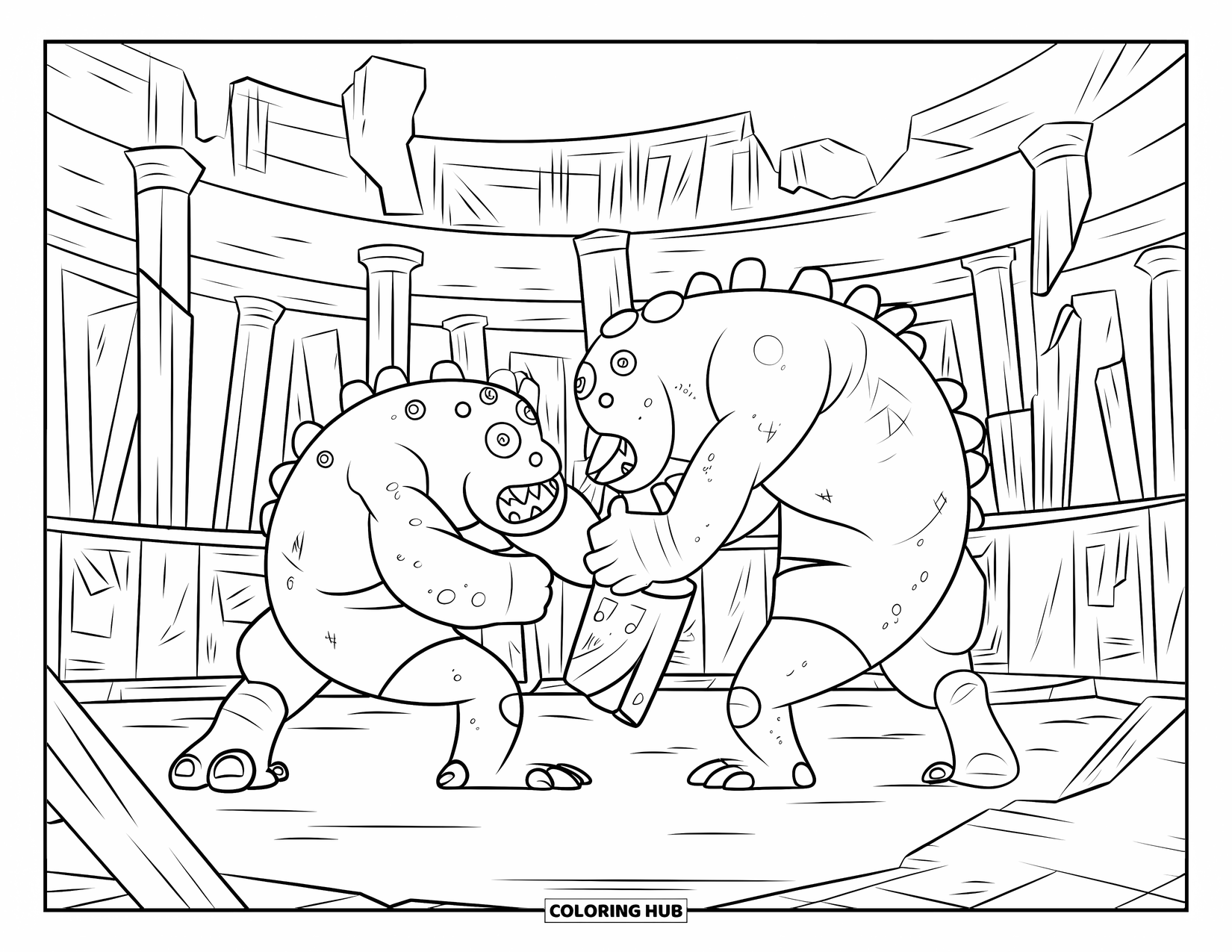 Dibujo de monstruo para colorear para niños: Monstruos de cuerpo redondo chocan en una arena dañada rodeada de misterio y estructuras caídas