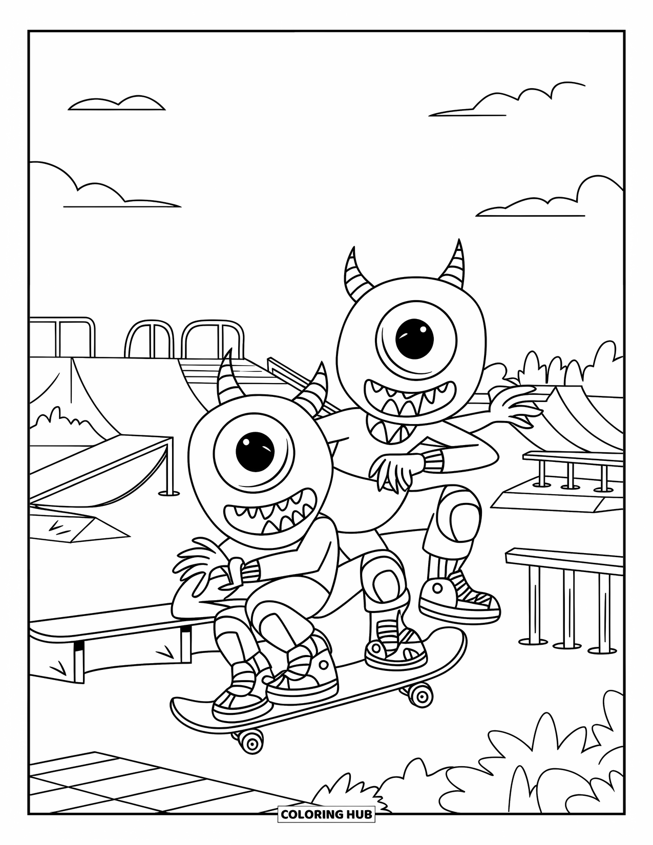 Dibujo de monstruo para colorear para niños: Monstruos patinadores montan y se relajan en un parque con rampas y barandillas