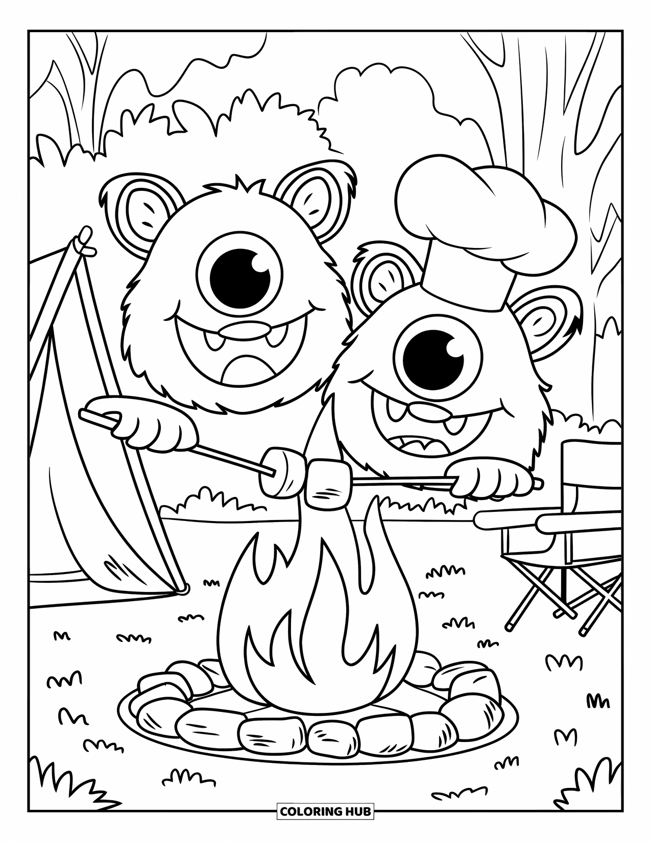 Dibujo de monstruo para colorear para niños: Monstruos sonrientes de dos cabezas asan malvaviscos junto a una fogata con tiendas de campaña y árboles cerca