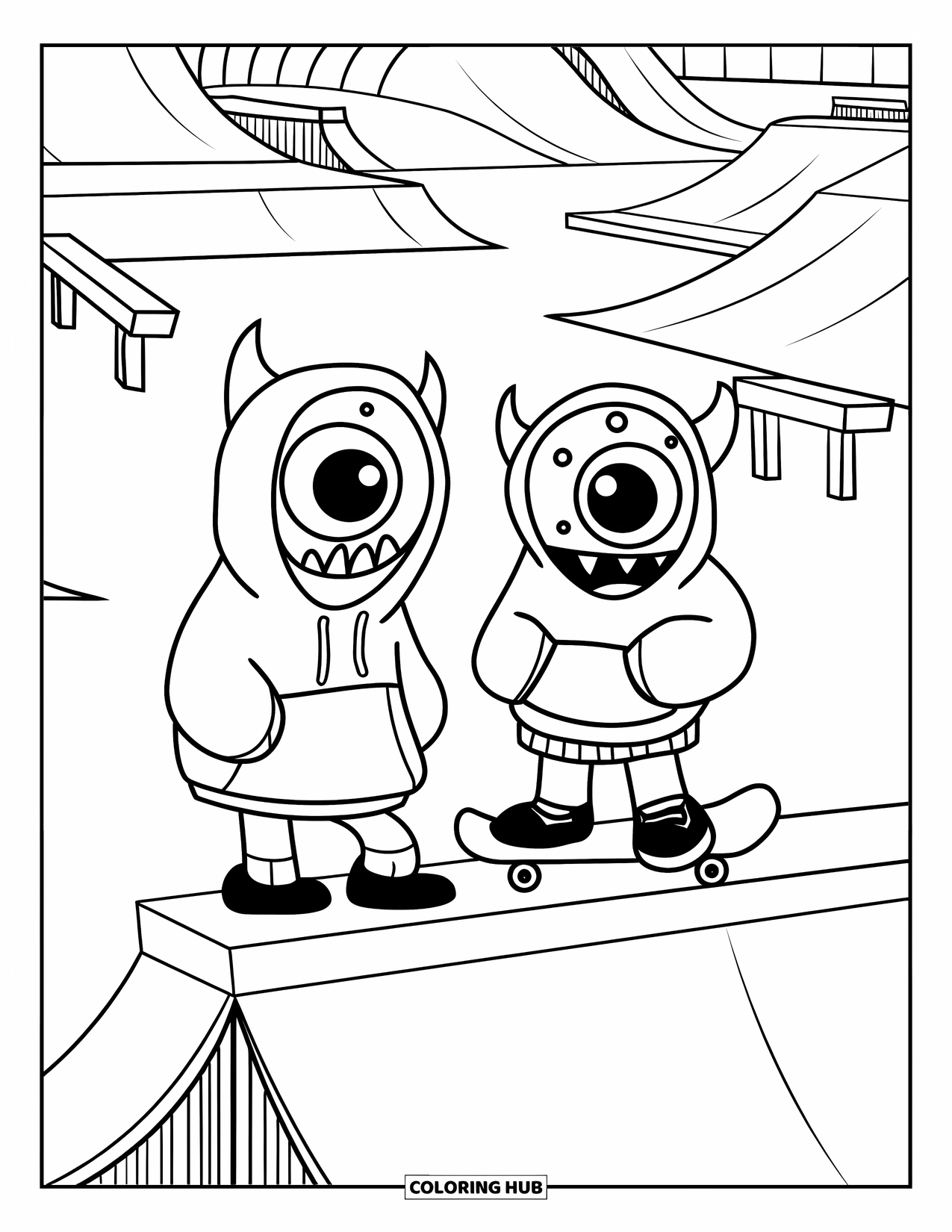 Dibujo de monstruo para colorear para niños: Dos monstruos pasan el rato en una rampa de patinaje en un parque de patinaje tranquilo