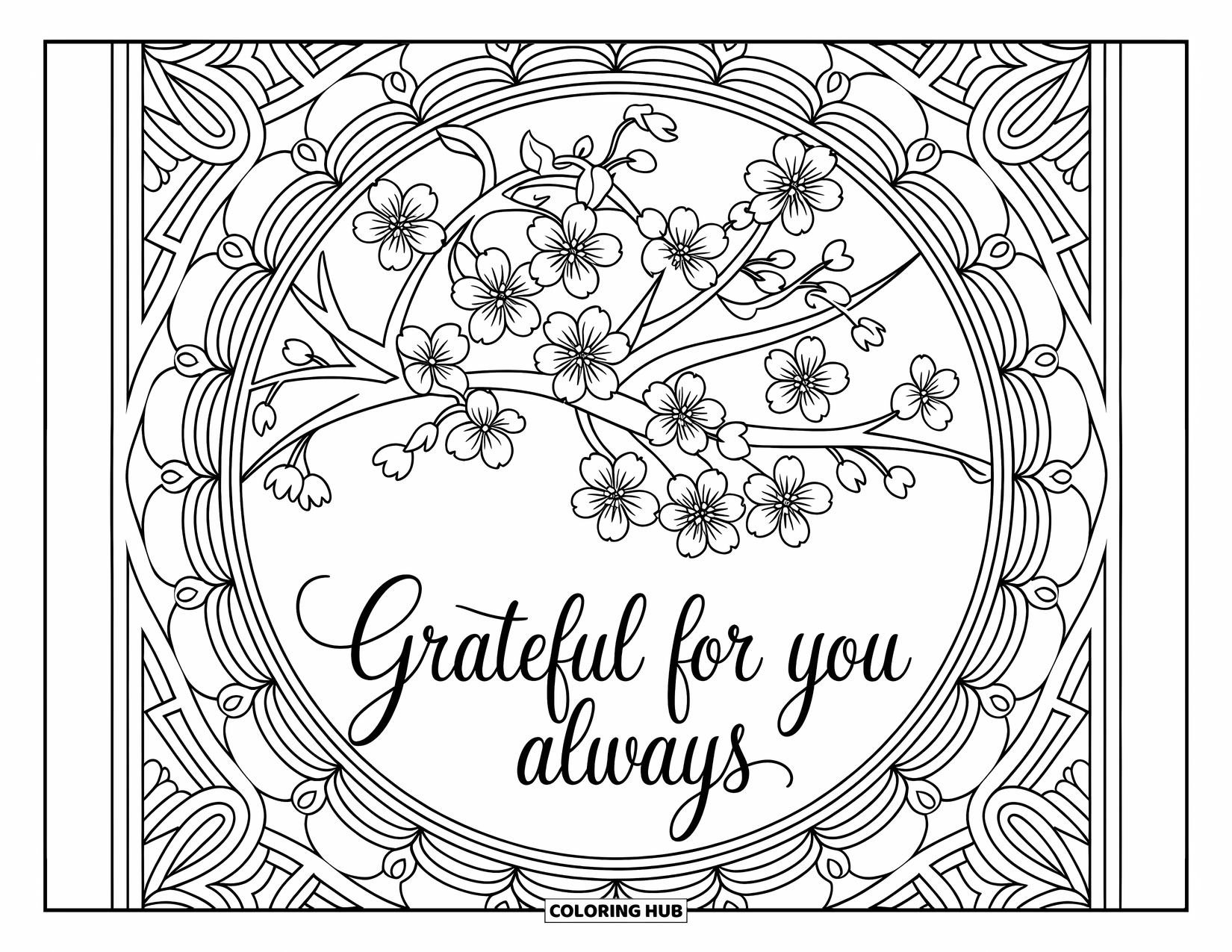 Mothers Day Coloring Page for Adults: Calligraphy and floral mandala frame "Grateful for You Always