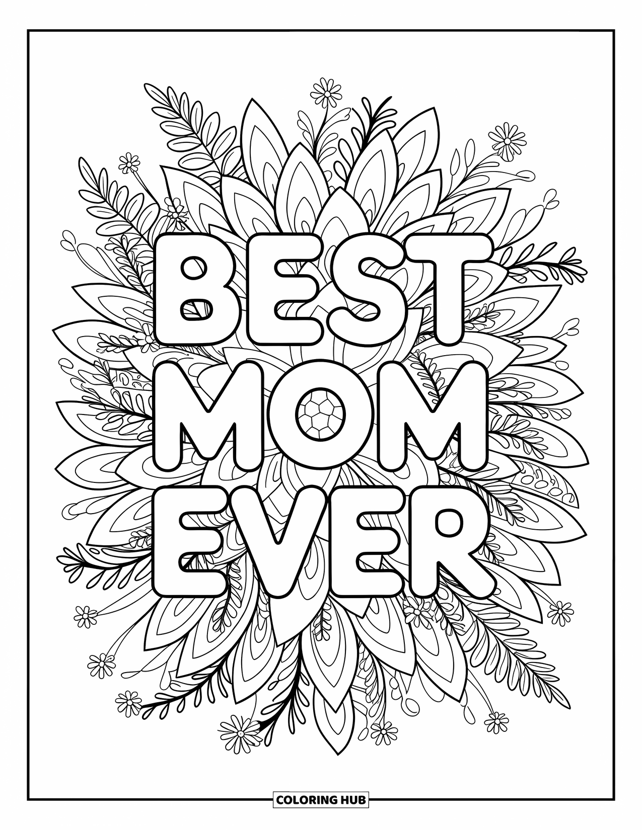 Mothers Day Coloring Page for Adults: Intricate petals and blooms surround the phrase "Best Mom Ever