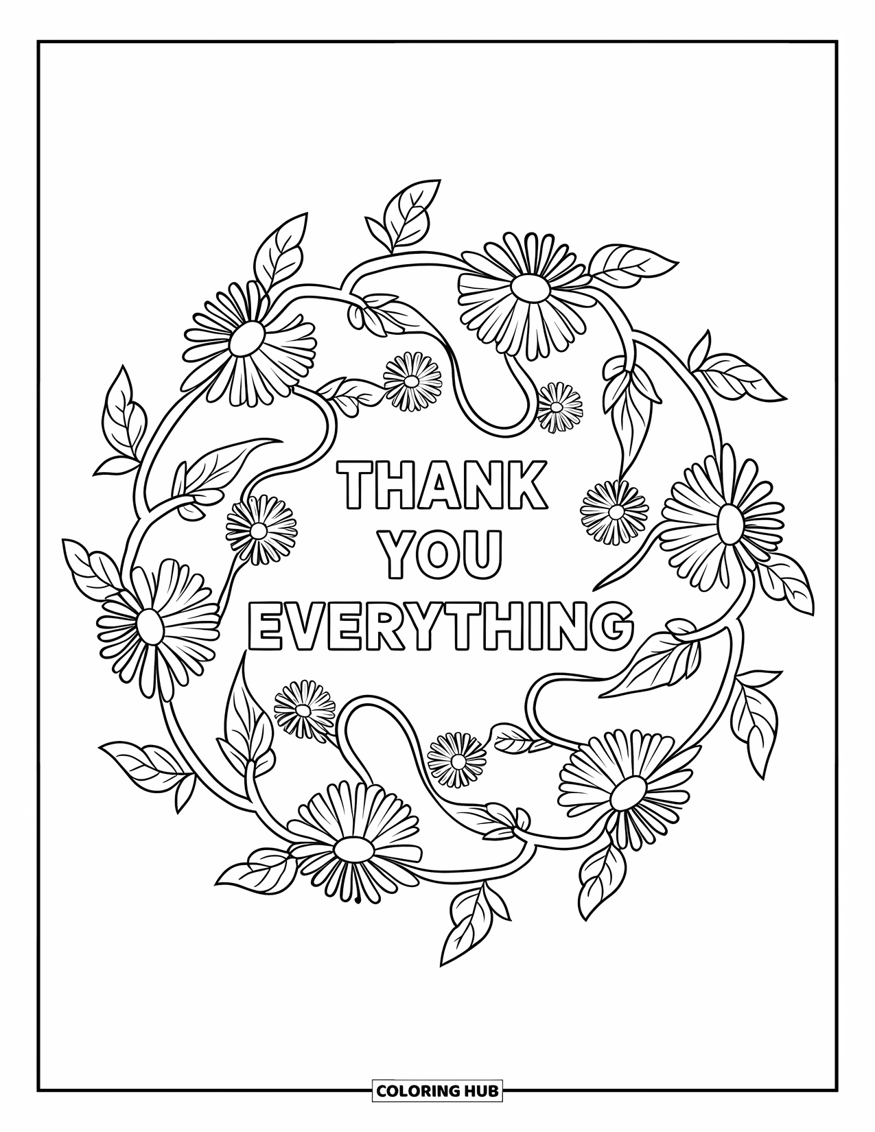 Mothers Day Coloring Page for Adults: Leafy vines and daisies circle around "Thank You for Everything