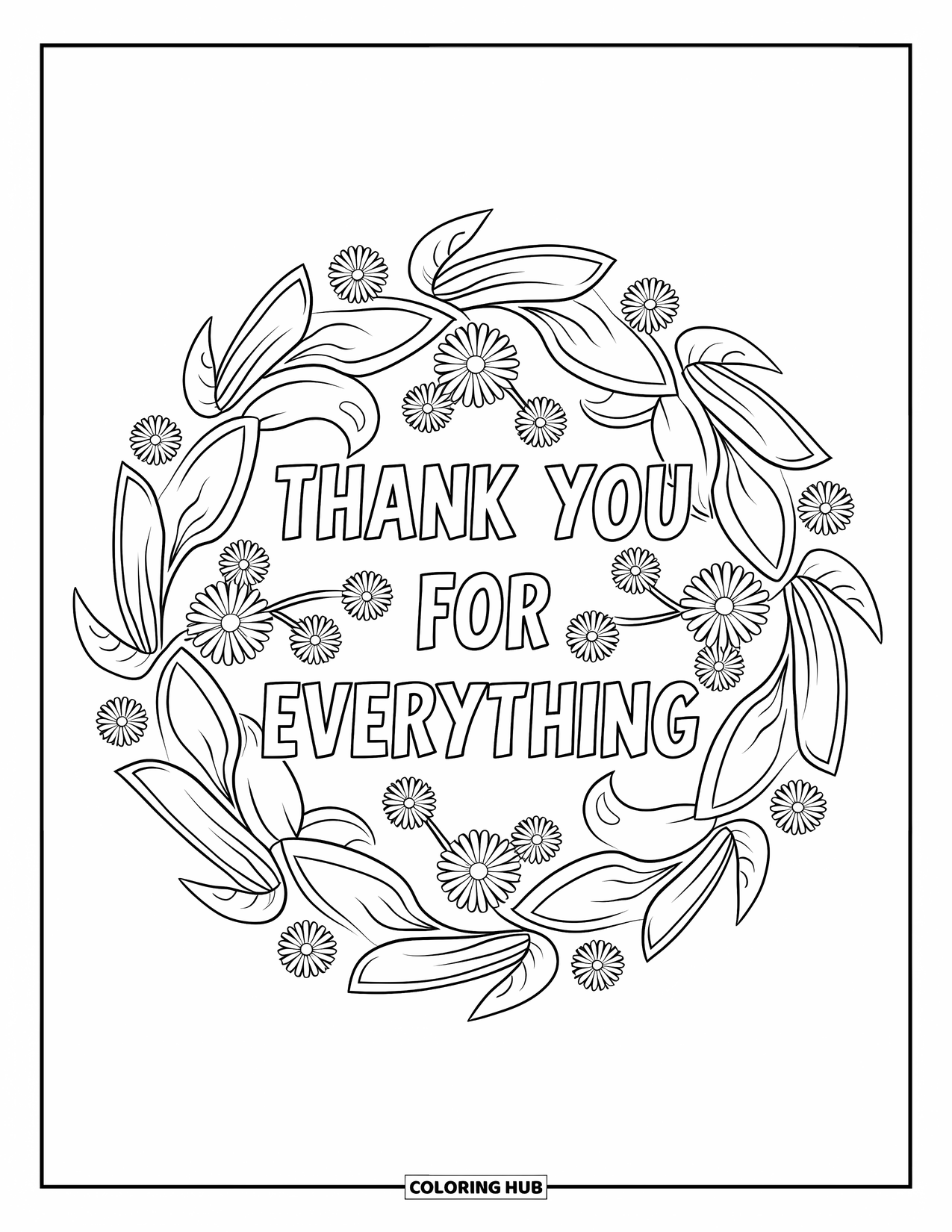 Mothers Day Coloring Page for Adults: Mandala of vines and florals frames the words "Thank You for Everything