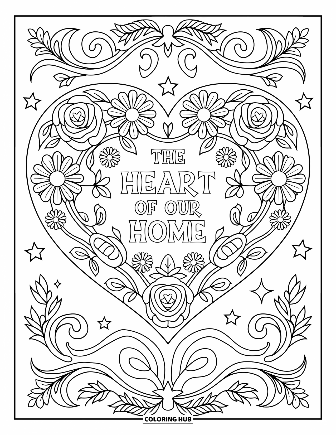 Mothers Day Coloring Page for Adults: Swirling floral mandala encircles "The Heart of Our Home