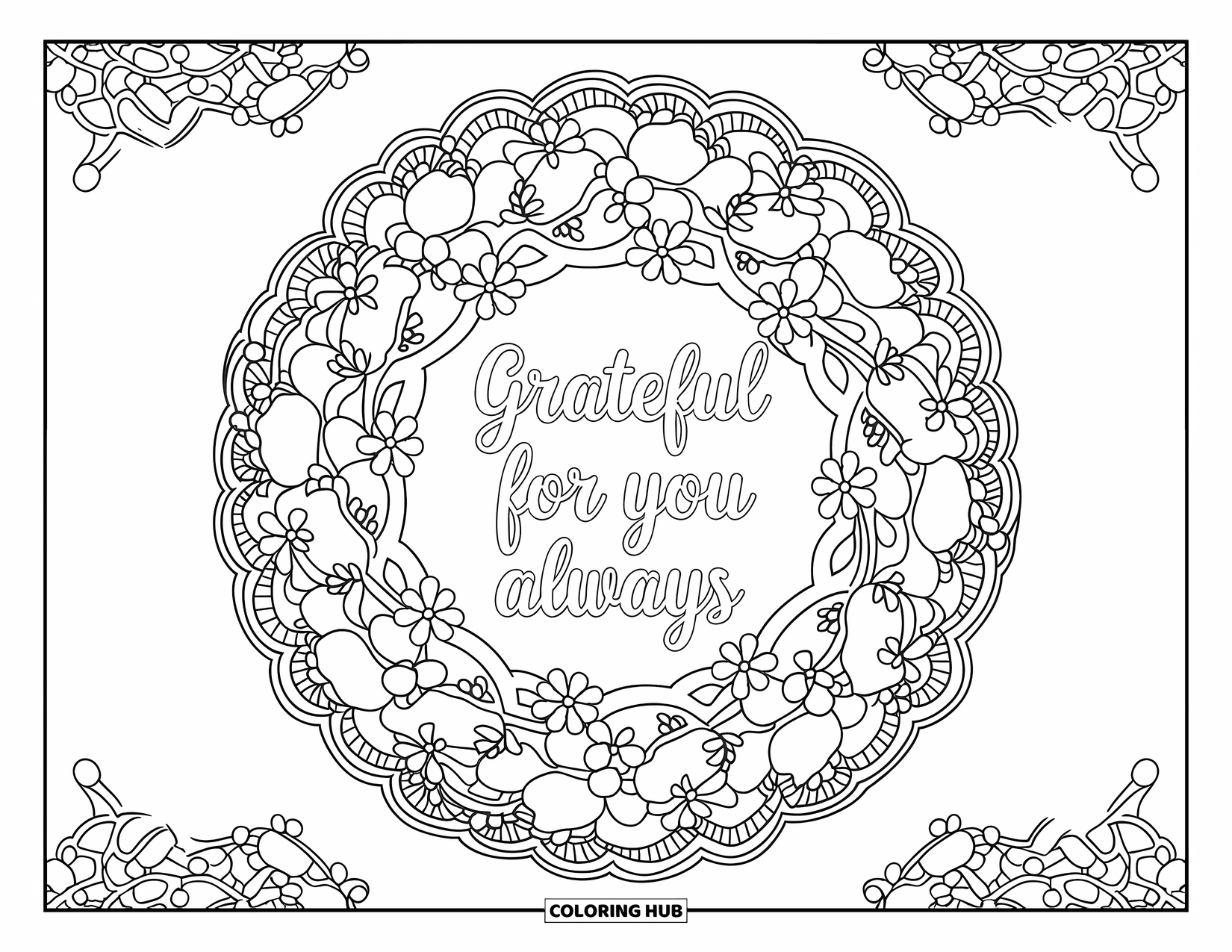 Mothers Day Coloring Page for Adults: "You're Always Appreciated" rests in a ring of cherry blossoms and vines