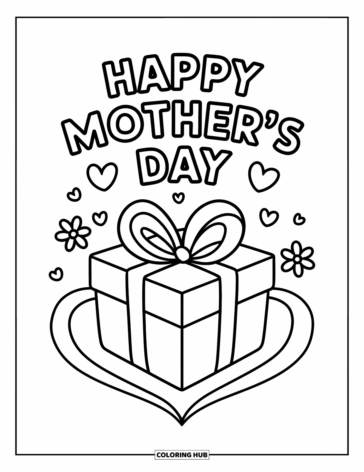 Mothers Day Coloring Page for Kids: A cheerful gift box with a ribbon and "Happy Mother's Day" above