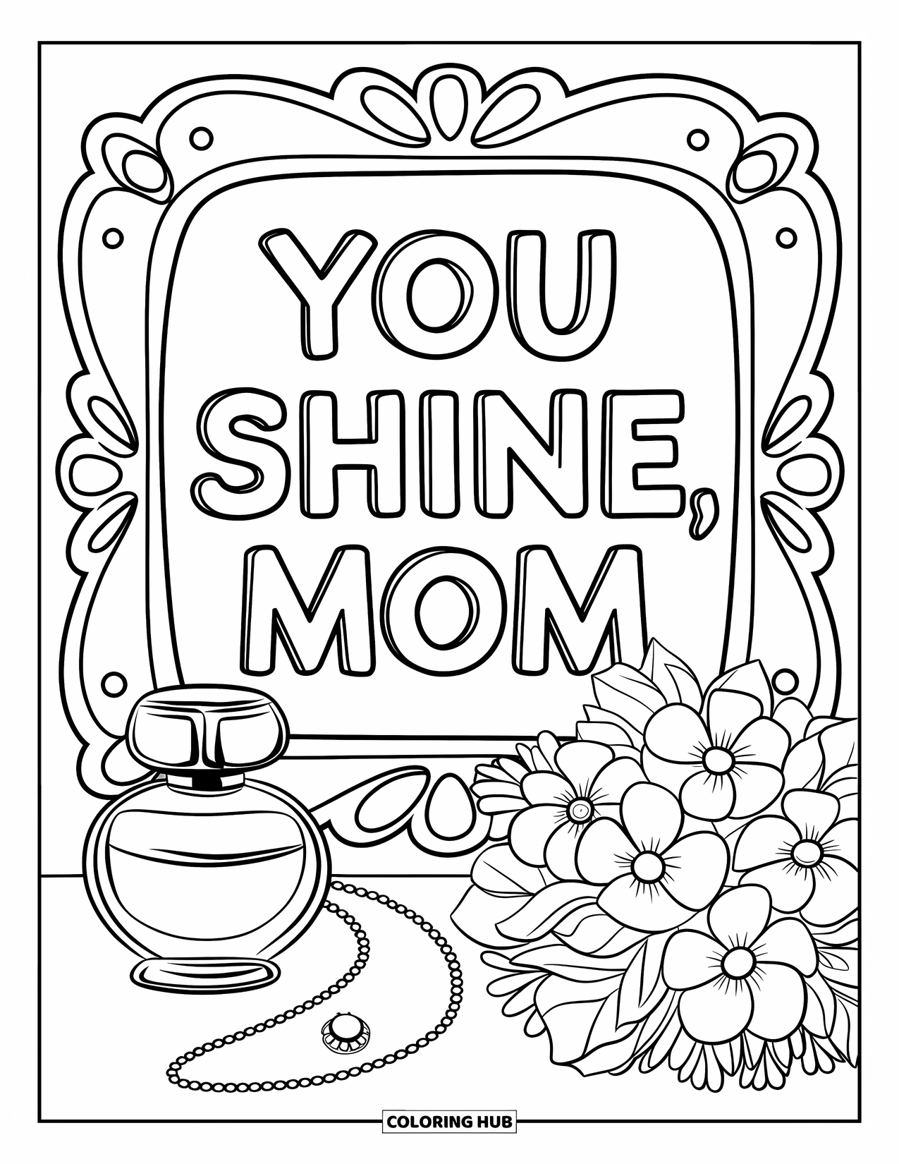Mothers Day Coloring Page for Kids: A cozy vanity with perfume, flowers, and a lovely "You Shine, Mom" sign