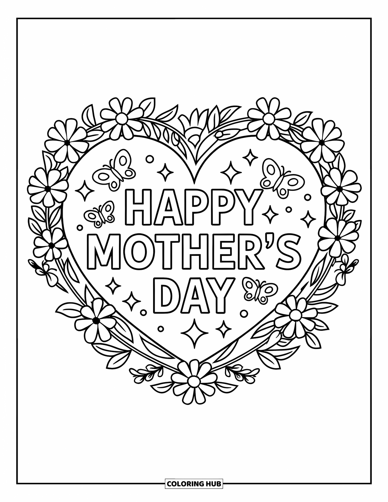 Mothers Day Coloring Page for Kids: A heart with "Happy Mother's Day" surrounded by butterflies and flowers