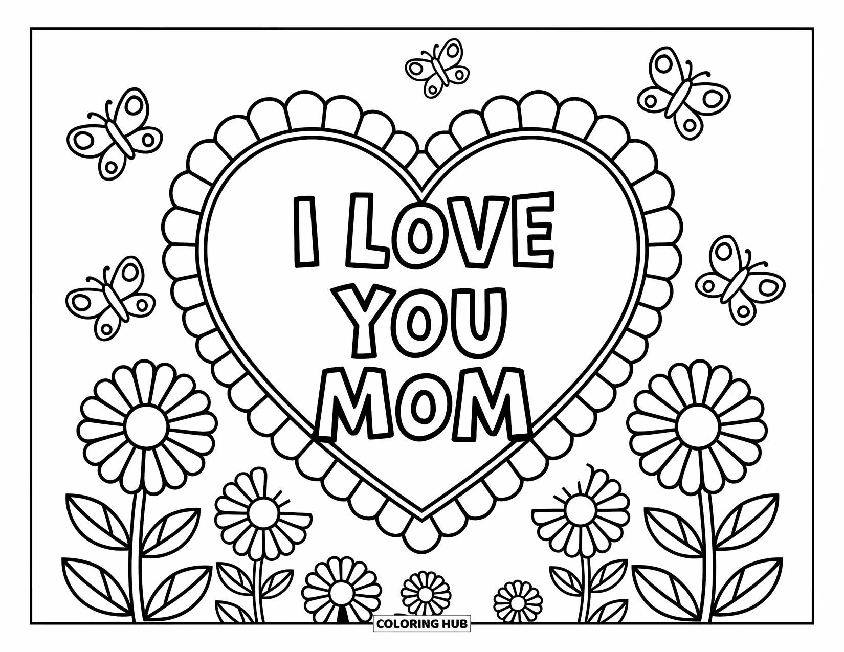 Mothers Day Coloring Page for Kids: A large heart with daisies and butterflies says "I Love You Mom