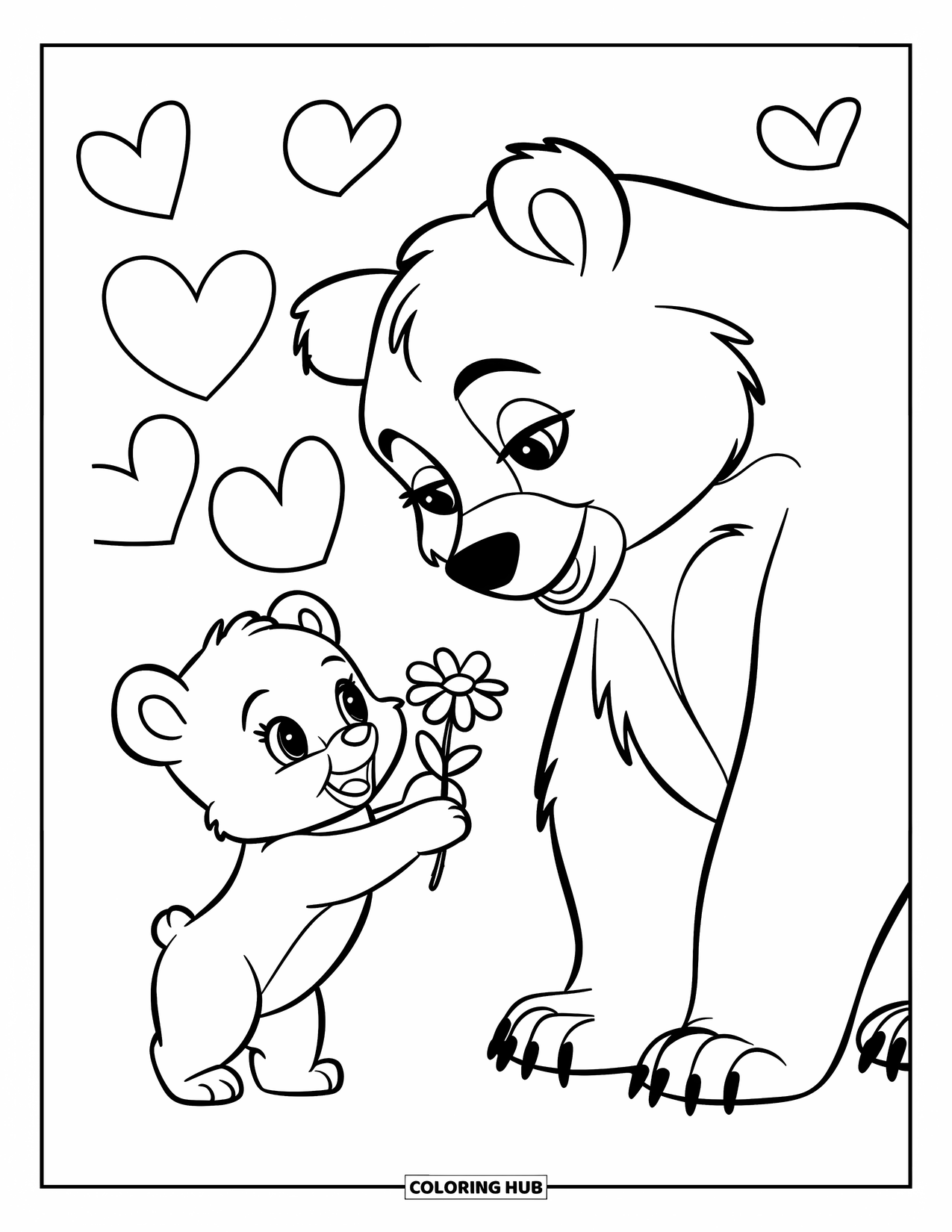 Mothers Day Coloring Page for Kids: A little bear shares a flower with mama surrounded by love hearts