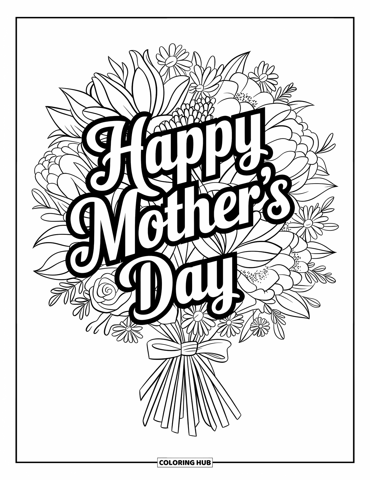 Mothers Day Coloring Page for Kids: A lovely bouquet of flowers with a ribbon and "Happy Mother's Day" message