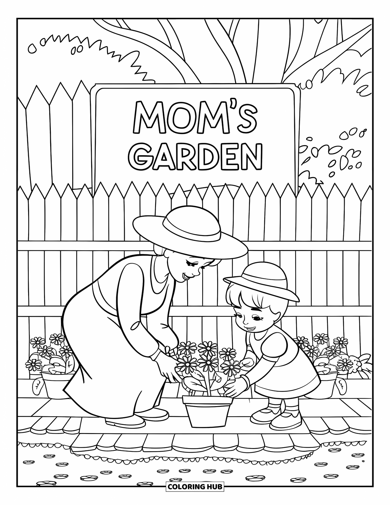 Mothers Day Coloring Page for Kids: A sweet garden scene with a mom, child, and a "Mom's Garden" sign