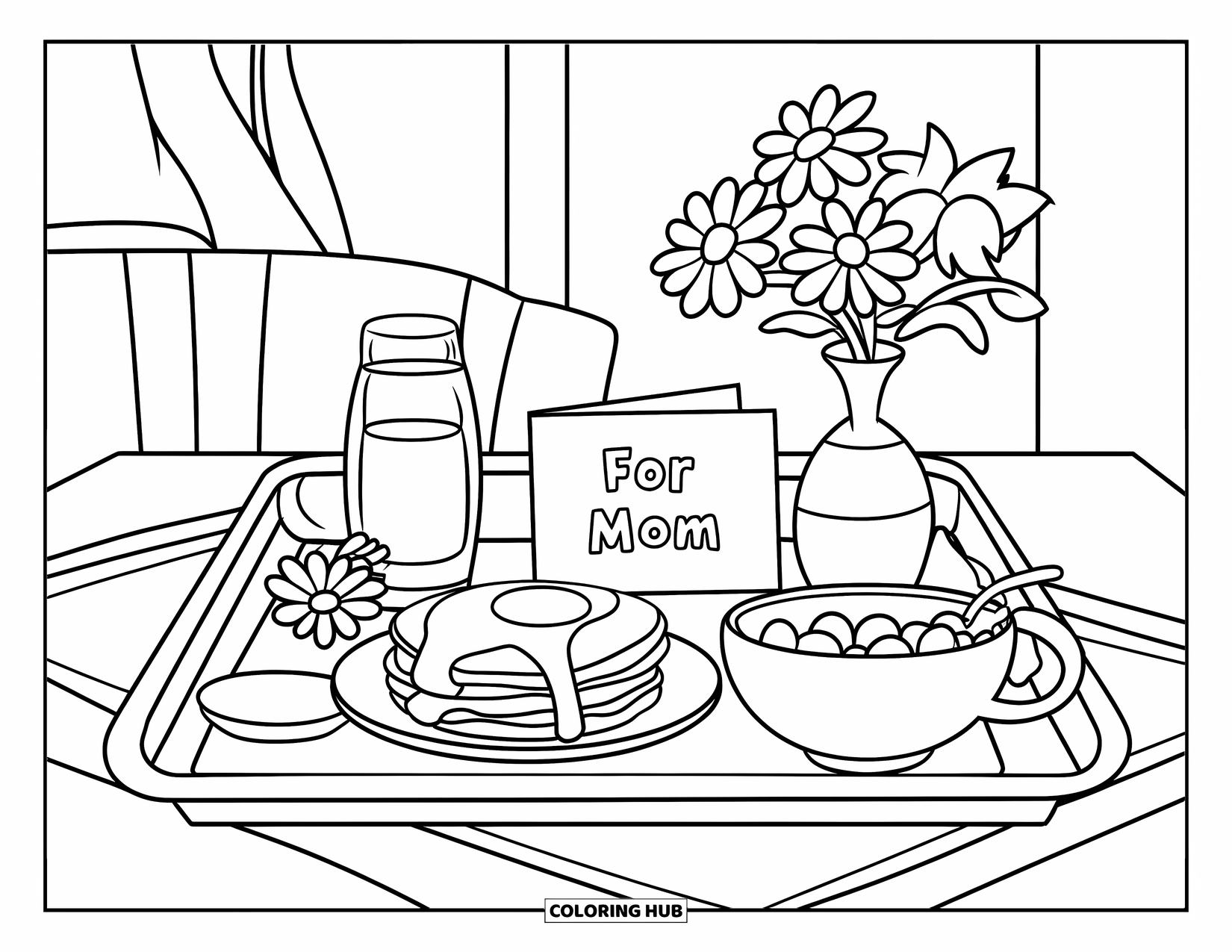 Mothers Day Coloring Page for Kids: A warm breakfast surprise with a note that says "For Mom
