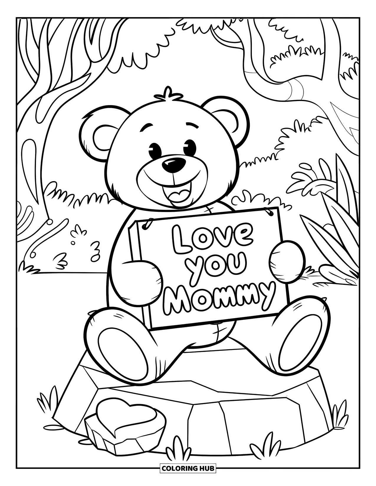 Mothers Day Coloring Page for Kids: Adorable teddy with flowers and a sweet "Love You Mommy" message
