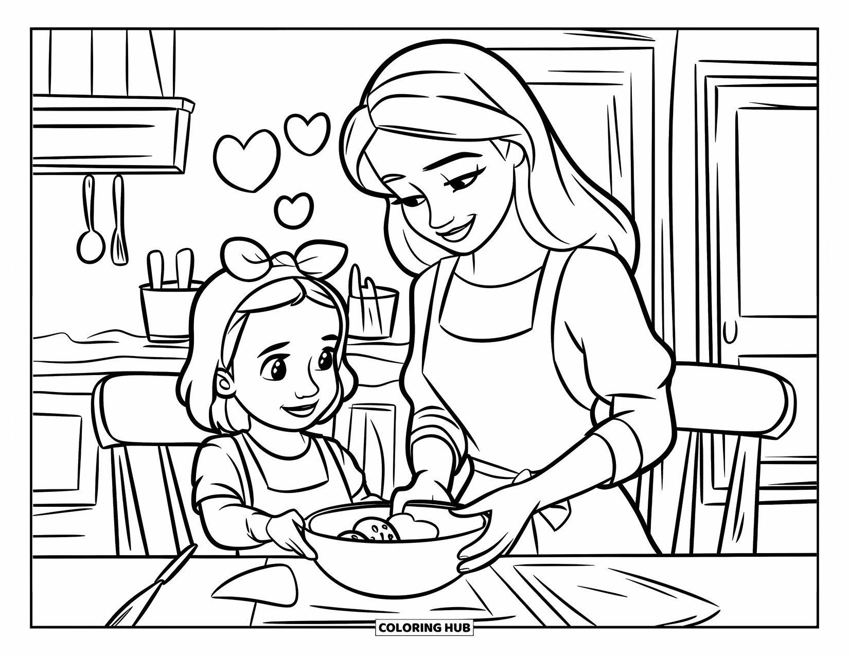 Mothers Day Coloring Page for Kids: Baking cookies together with hearts showing all the love