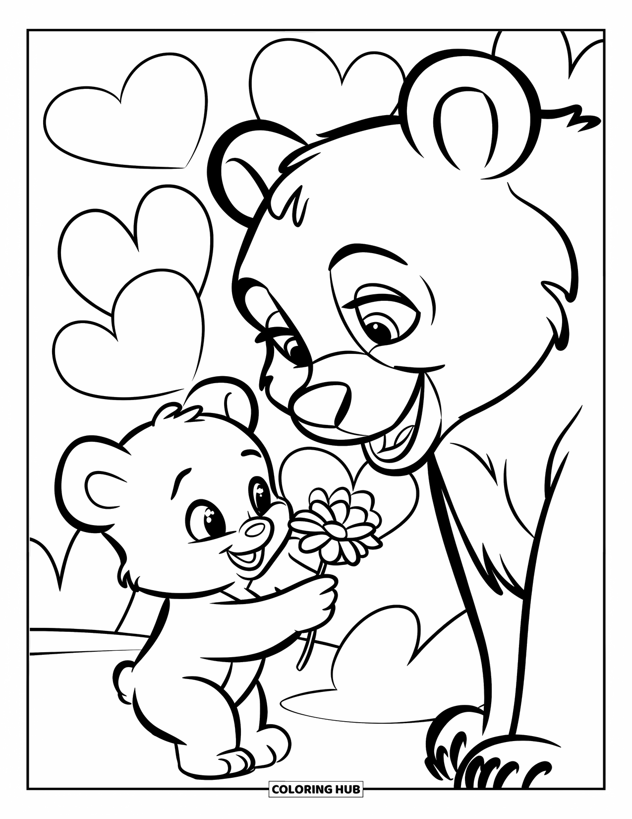 Mothers Day Coloring Page for Kids: Bear cub gives a flower to its mama with hearts all around
