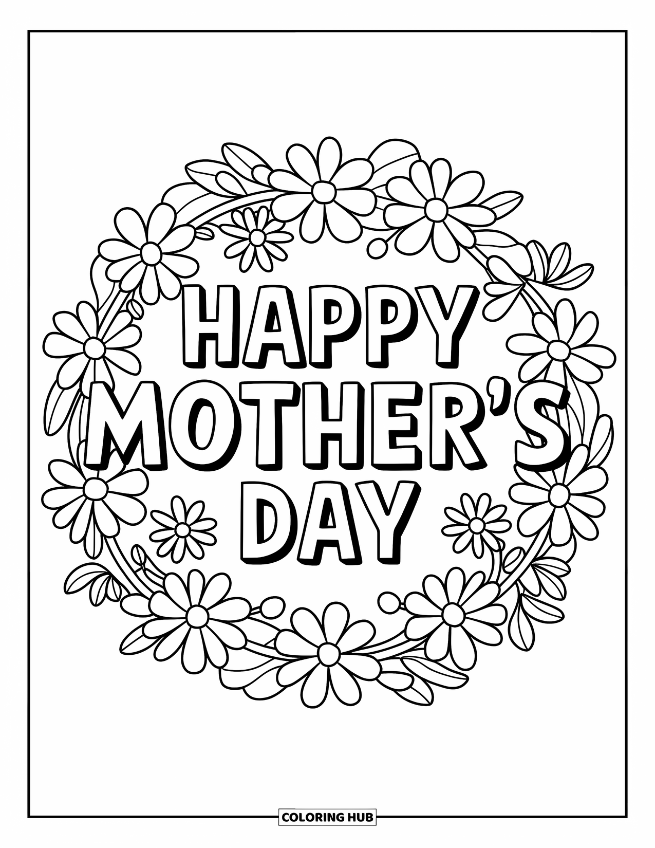 Mothers Day Coloring Page for Kids: Big flower wreath with "Happy Mother's Day" in the middle