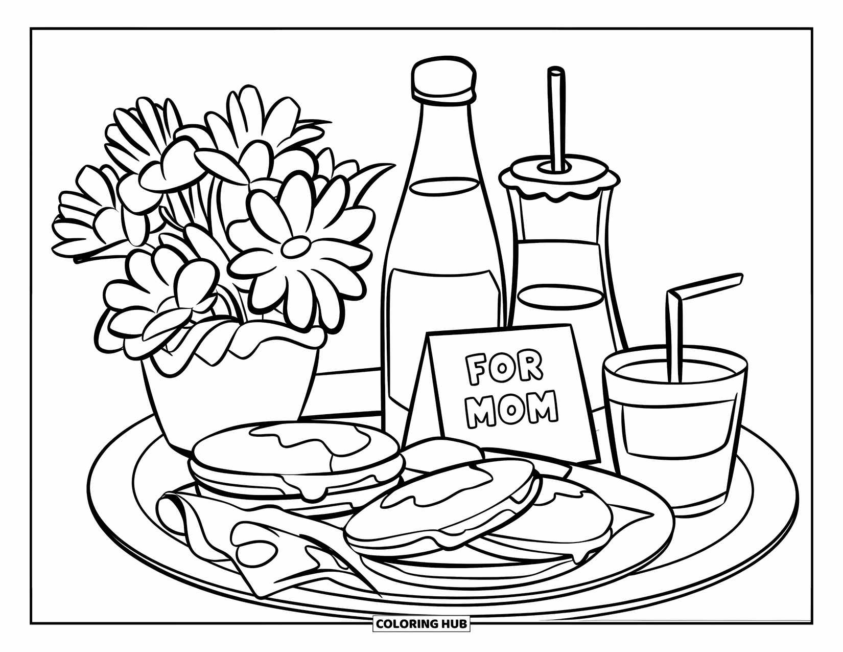 Mothers Day Coloring Page for Kids: Breakfast tray with pancakes, flowers, and a cute card that says "For Mom