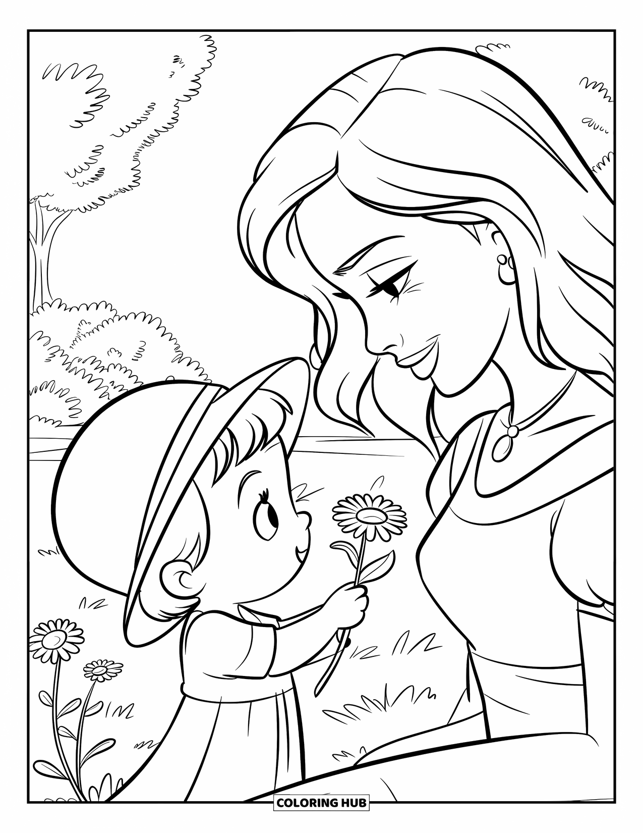 Mothers Day Coloring Page for Kids: Child gives mom a flower in a peaceful garden setting