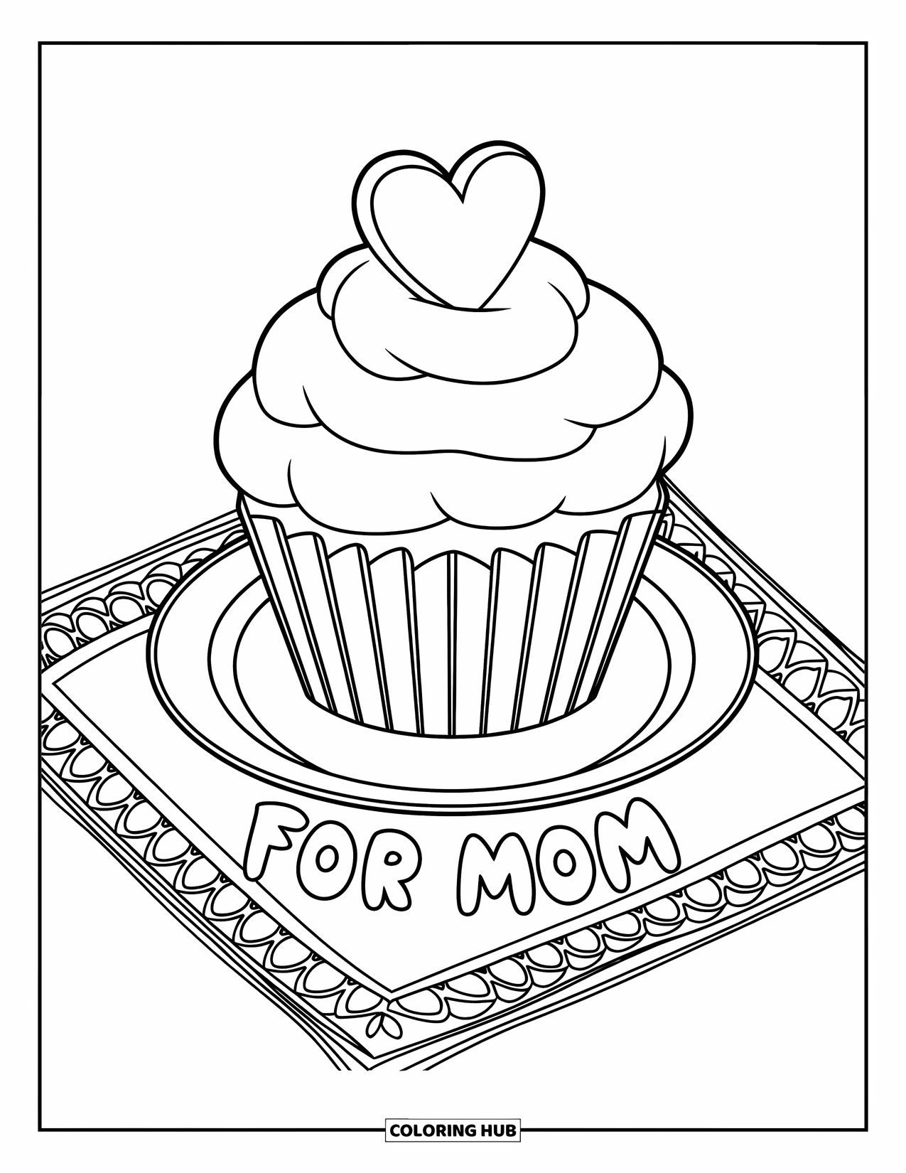 Mothers Day Coloring Page for Kids: Cupcake on a napkin with a heart topper and "For Mom" below