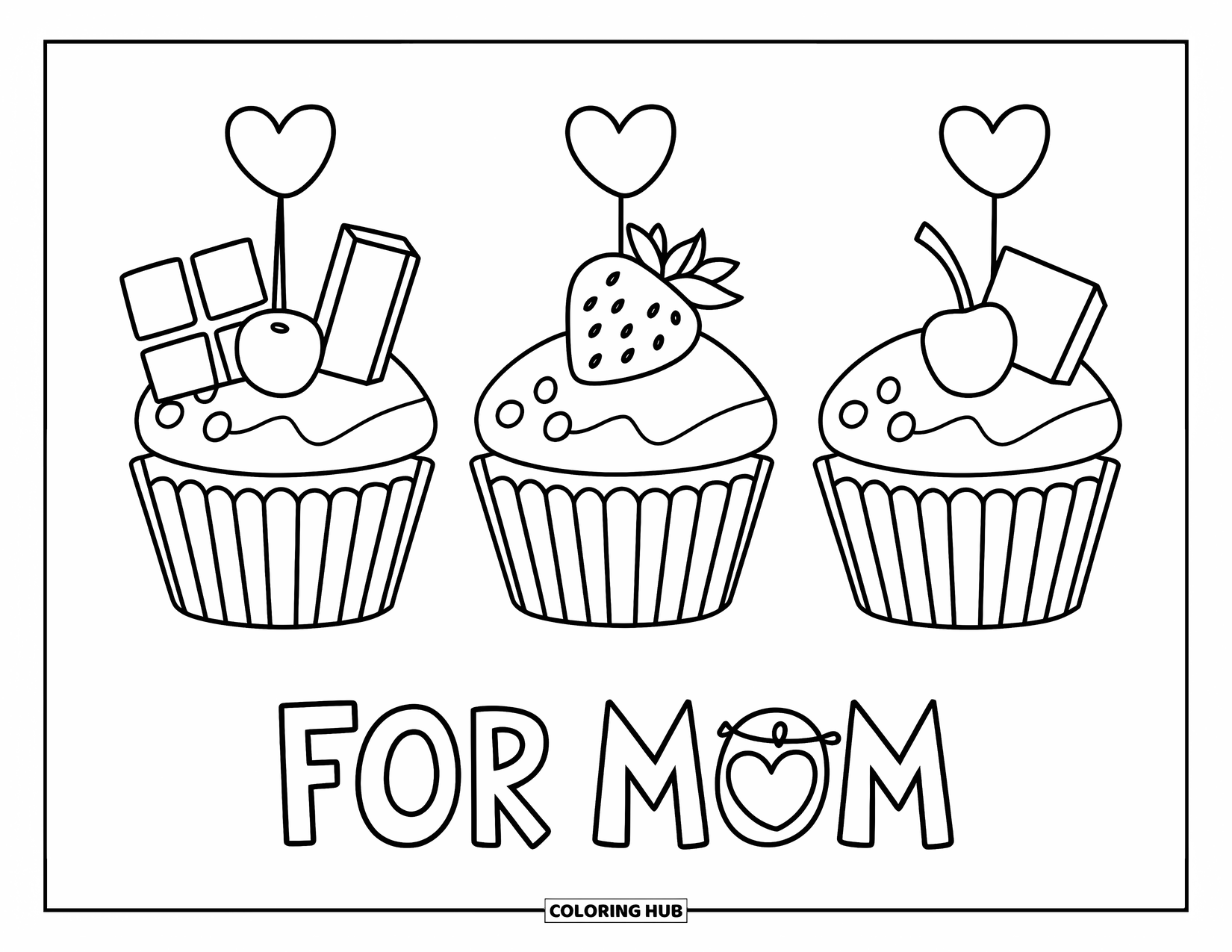 Mothers Day Coloring Page for Kids: Decorated cupcakes with heart toppers and playful "For Mom" text