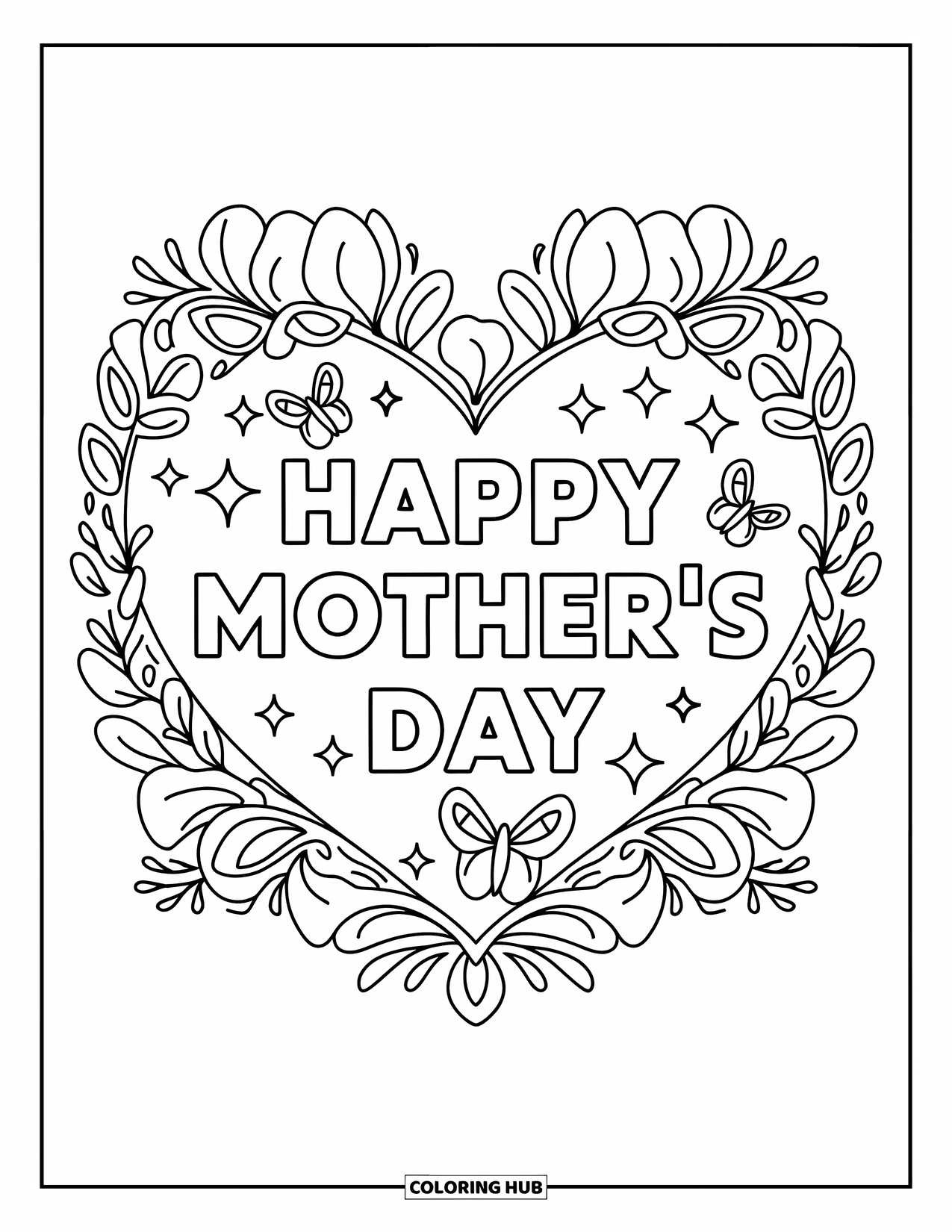 Mothers Day Coloring Page for Kids: Floral frame with butterflies around a heart that says "Happy Mother's Day