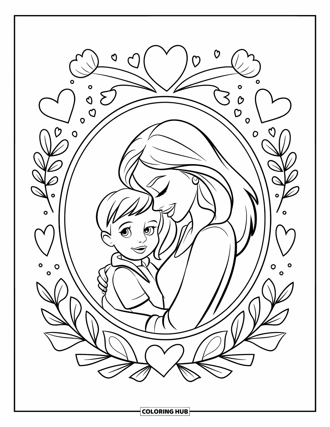 Mothers Day Coloring Page for Kids: Framed picture of mom and child surrounded by floral doodles and hearts