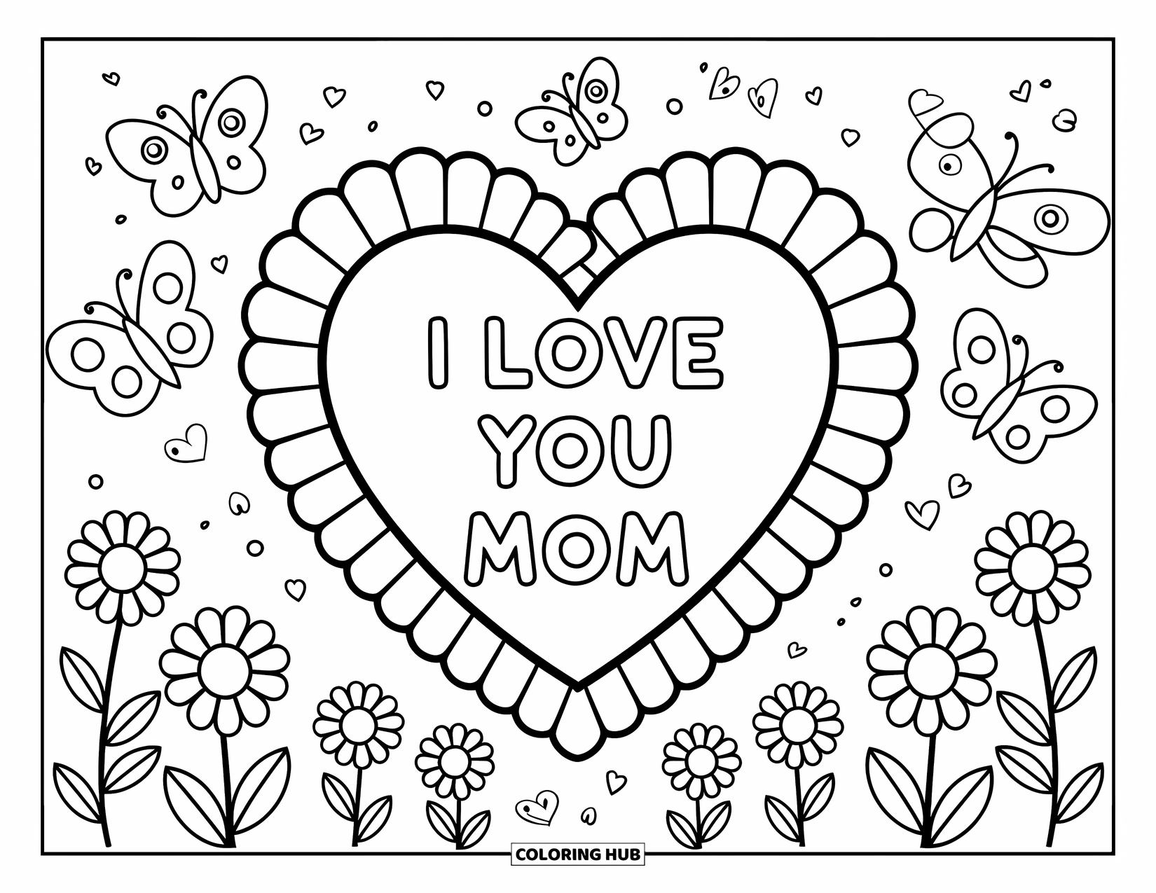 Mothers Day Coloring Page for Kids: Frilly heart with cheerful butterflies and flowers and a loving "I Love You Mom" message