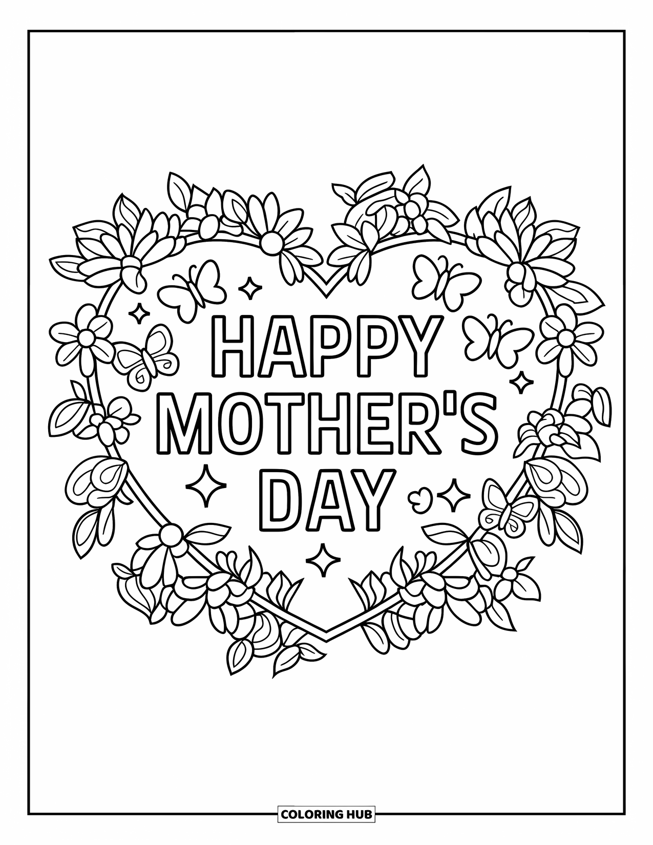 Mothers Day Coloring Page for Kids: Heart-shaped message framed with flowers and sparkles for Mother's Day