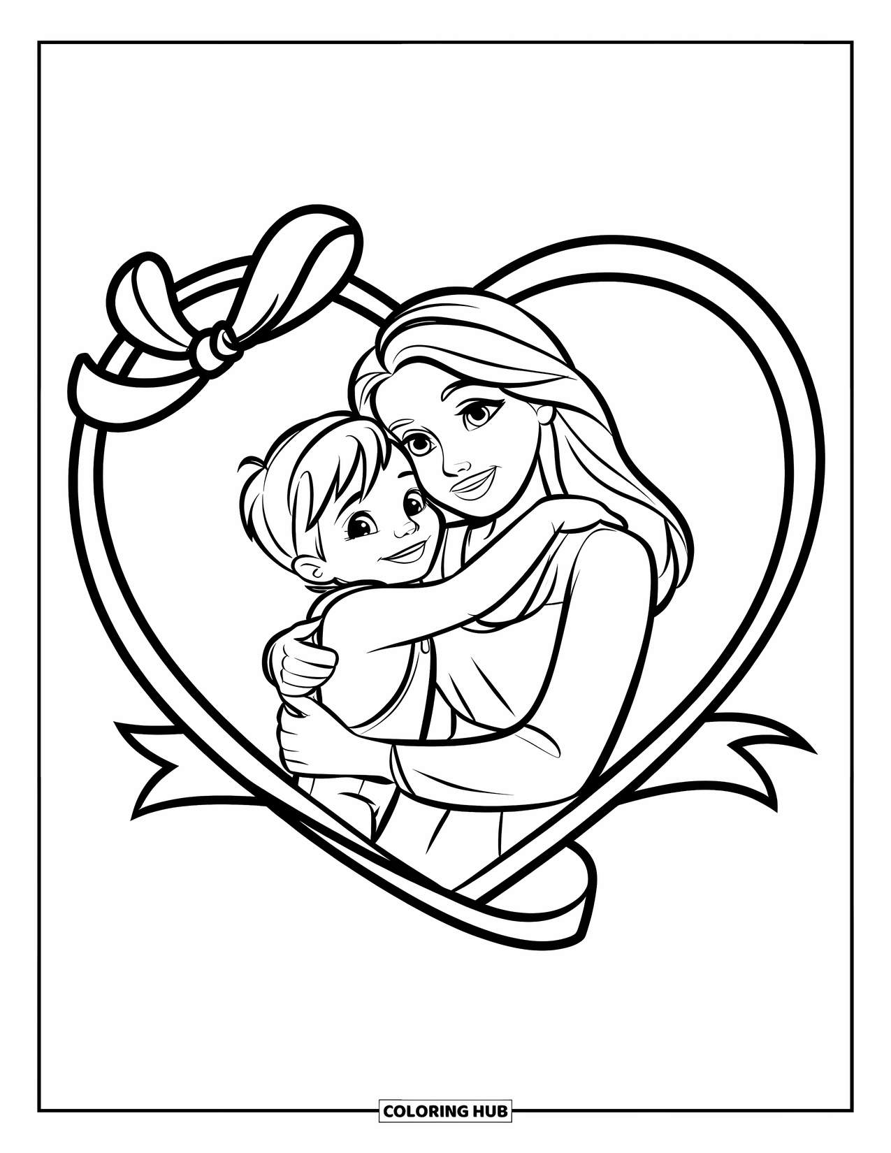 Mothers Day Coloring Page for Kids: Heartwarming hug between mom and child inside a ribbon-topped heart frame