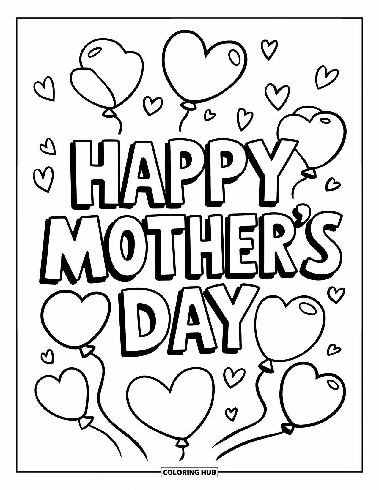 Mothers Day Coloring Page for Kids: Joyful card with big balloons and the words "Happy Mother's Day