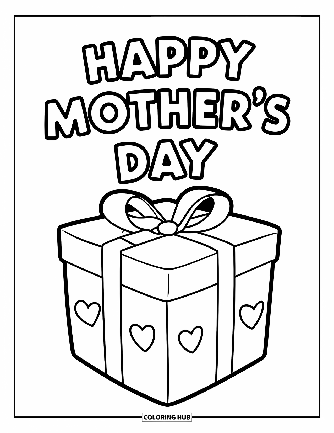 Mothers Day Coloring Page for Kids: Lovely gift box with hearts and the words "Happy Mother's Day" on top