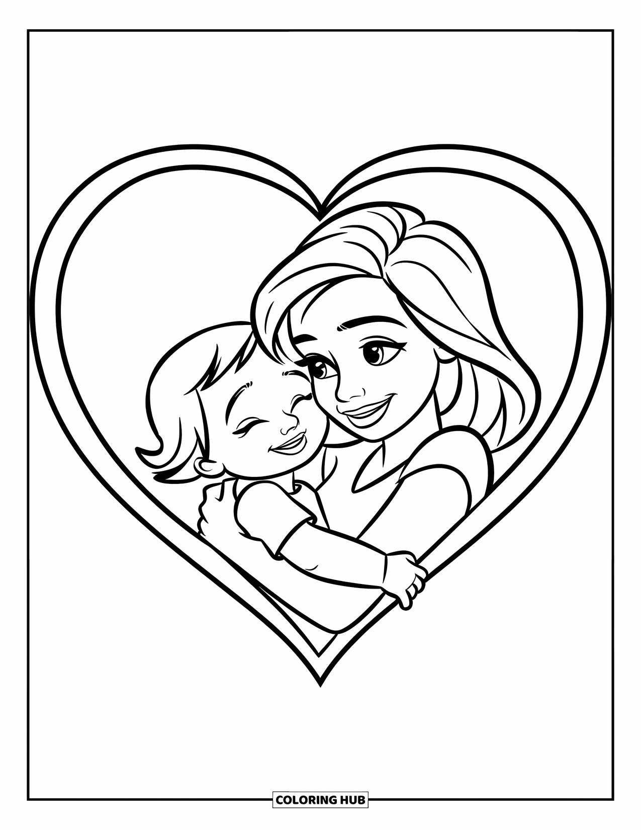 Mothers Day Coloring Page for Kids: Mom and child hugging sweetly inside a big heart frame