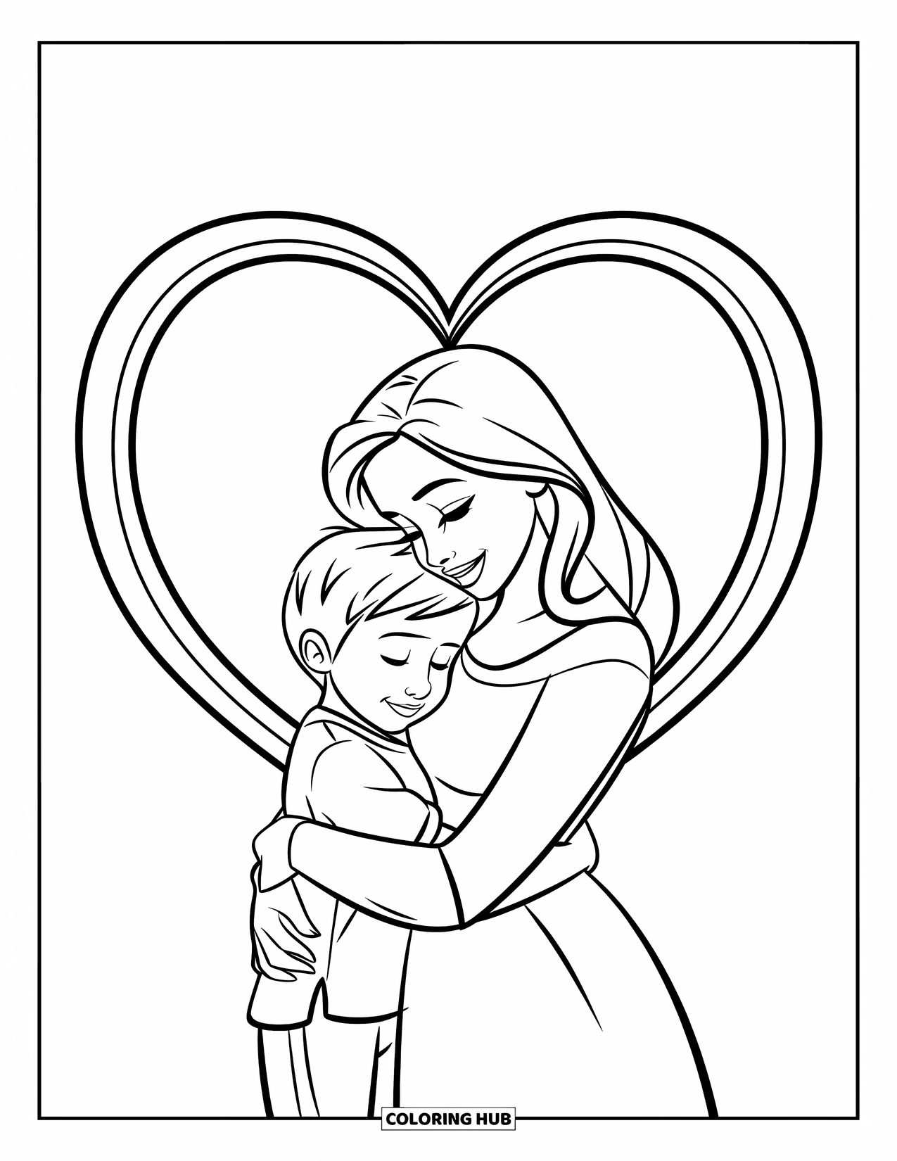 Mothers Day Coloring Page for Kids: Mom and child share a joyful hug inside a heart-shaped frame