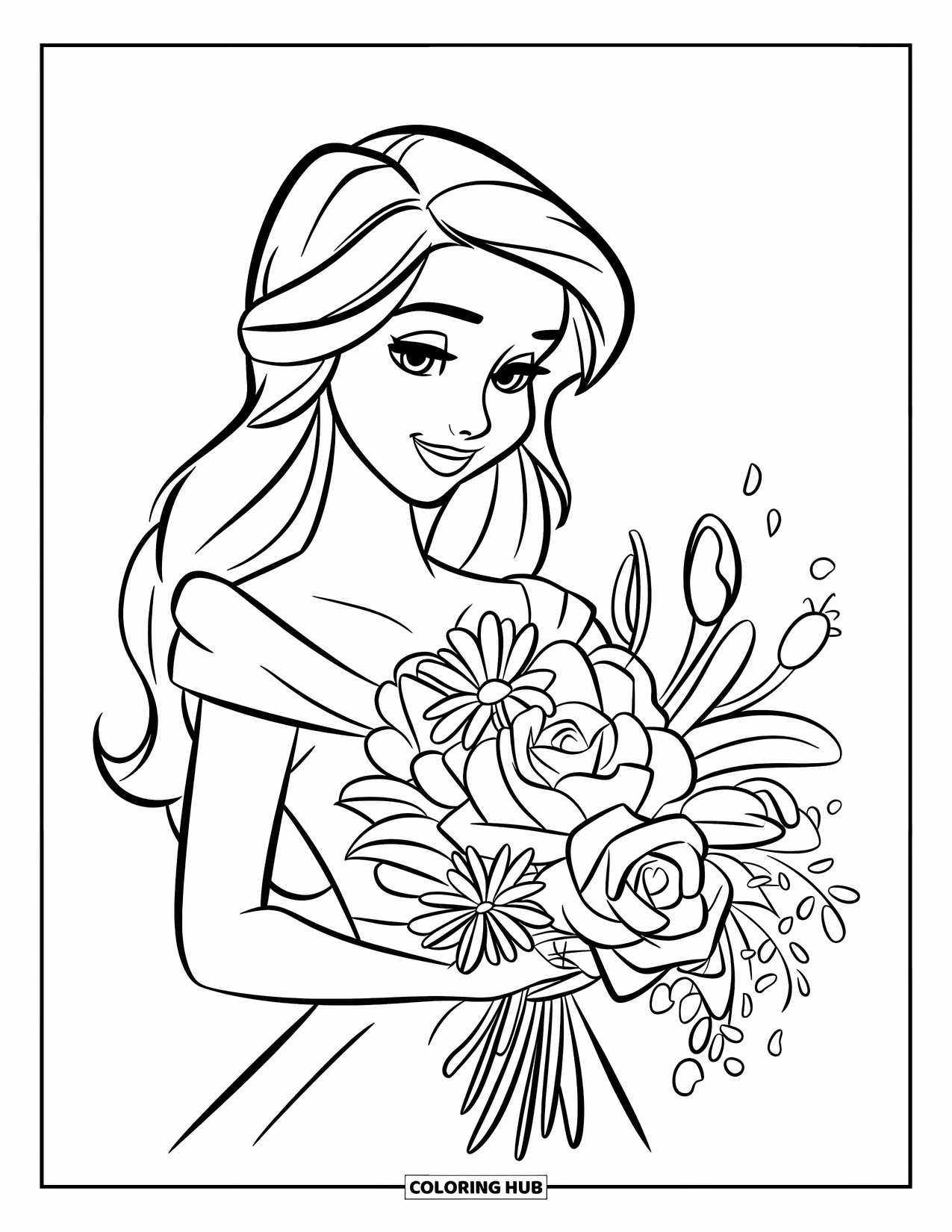 Mothers Day Coloring Page for Kids: Mom smiles while holding a bouquet filled with roses, lilies, and daisies