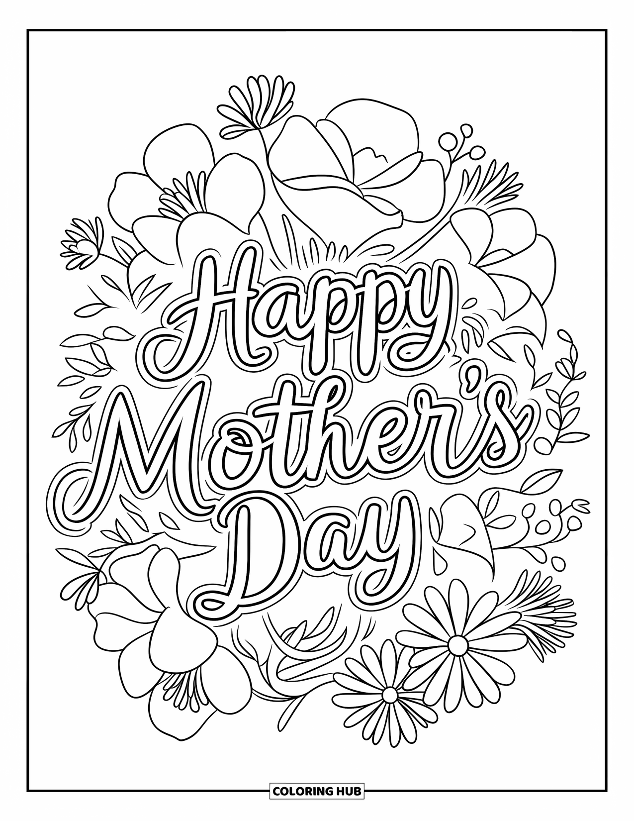 Mothers Day Coloring Page for Kids: Roses, lilies, and daisies bloom with a lovely "Happy Mother's Day" message