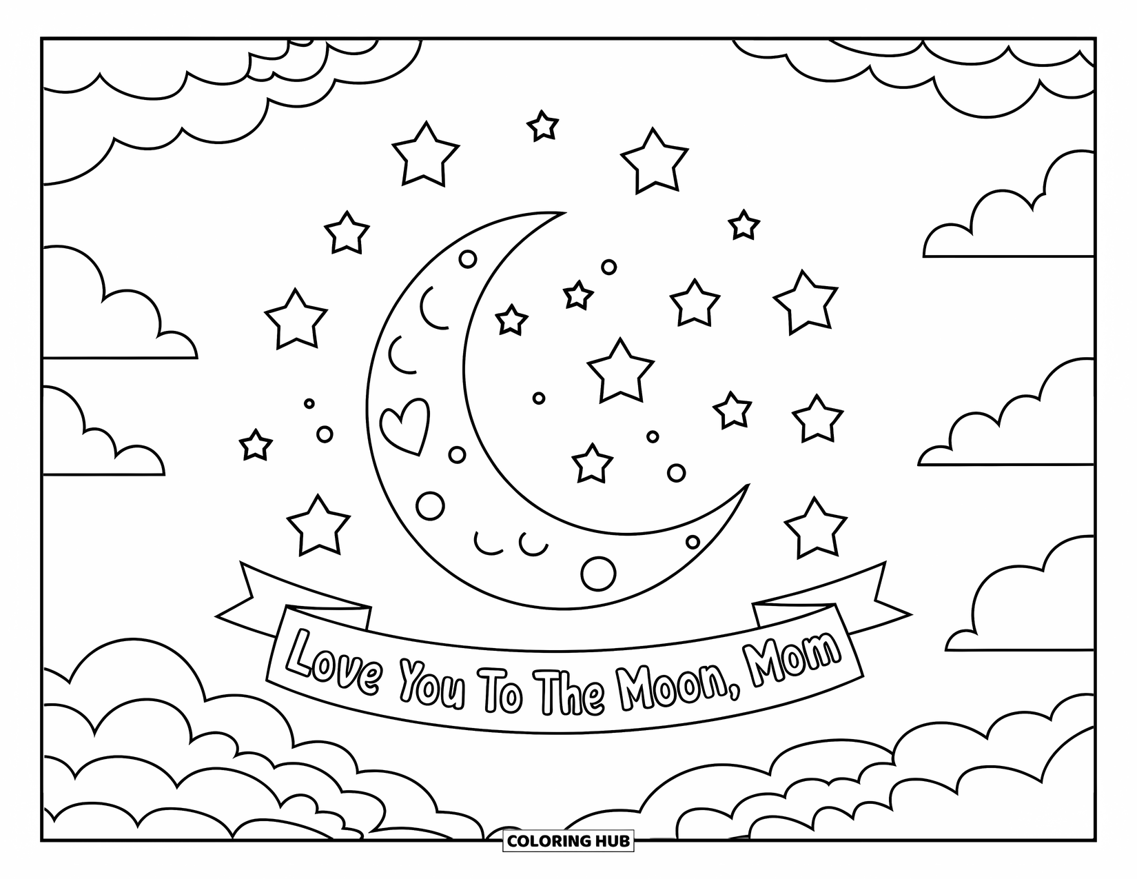 Mothers Day Coloring Page for Kids: Starry sky with a heart moon and a banner saying "Love You to the Moon, Mom