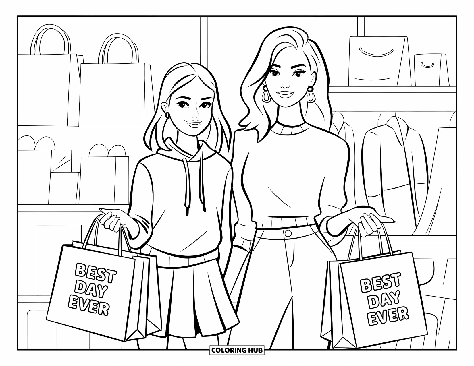 Mothers Day Coloring Page for Kids: Stylish mom and teen enjoy a shopping day with "Best Day Ever" bags