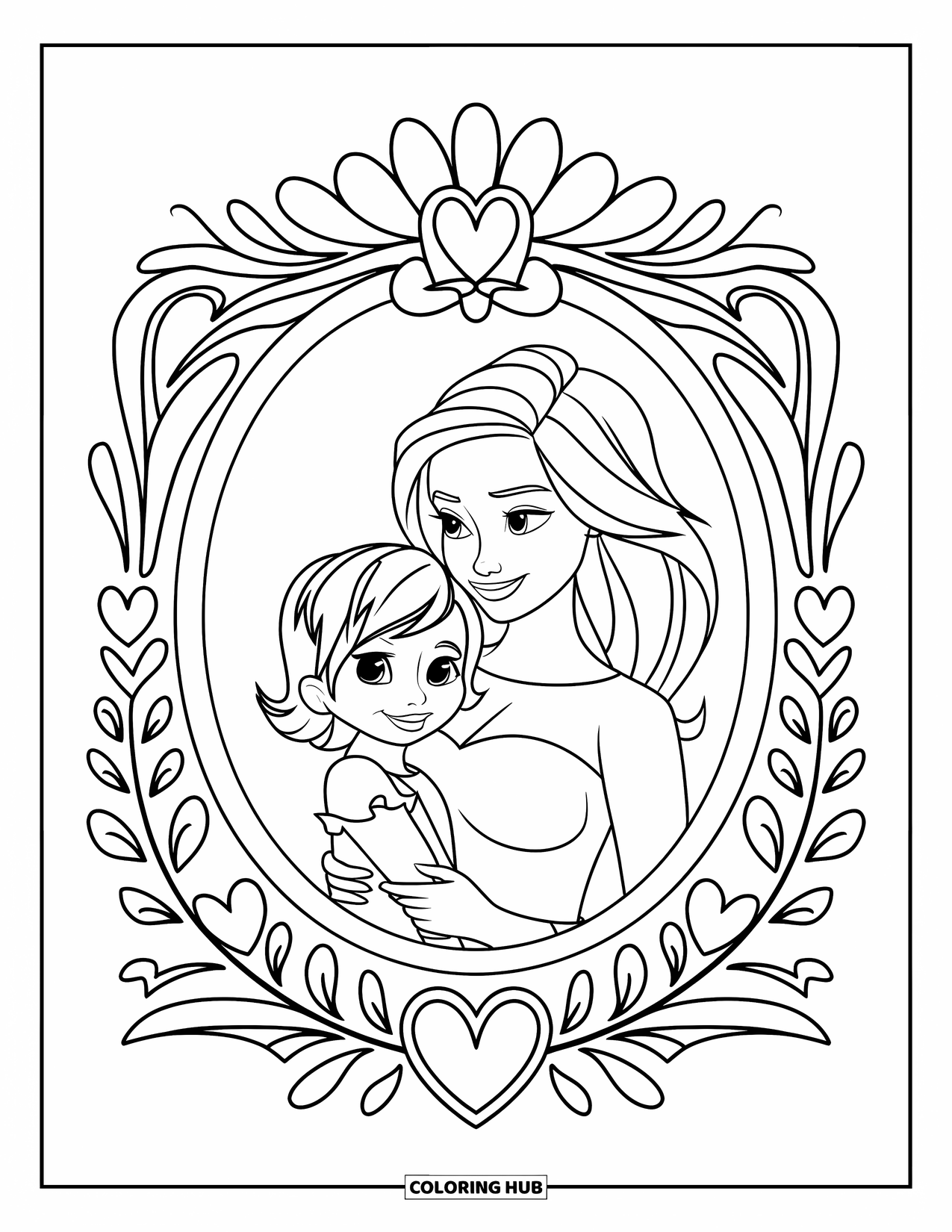 Mothers Day Coloring Page for Kids: Sweet framed photo of a mom and child with flowers and hearts around it