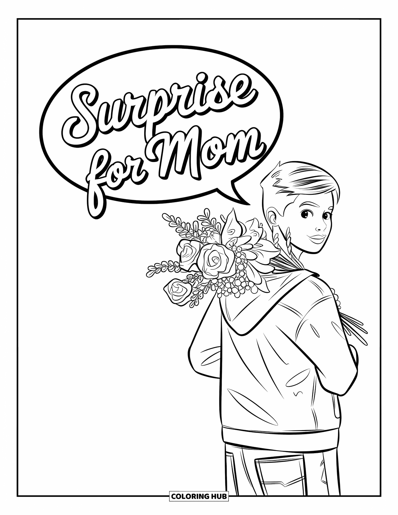 Mothers Day Coloring Page for Kids: Sweet teen surprises mom with a hidden bouquet and a cheerful message