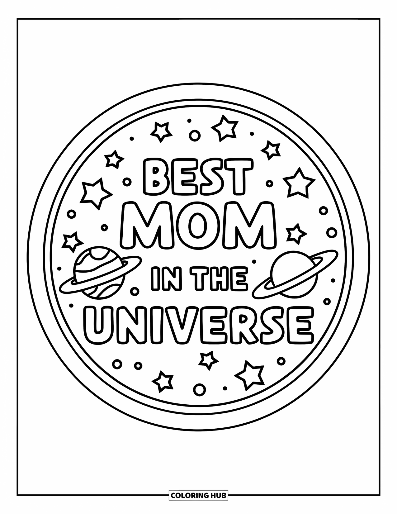 Mothers Day Coloring Page for Kids: Swirly galaxy scene with stars and a message that says "Best Mom in the Universe